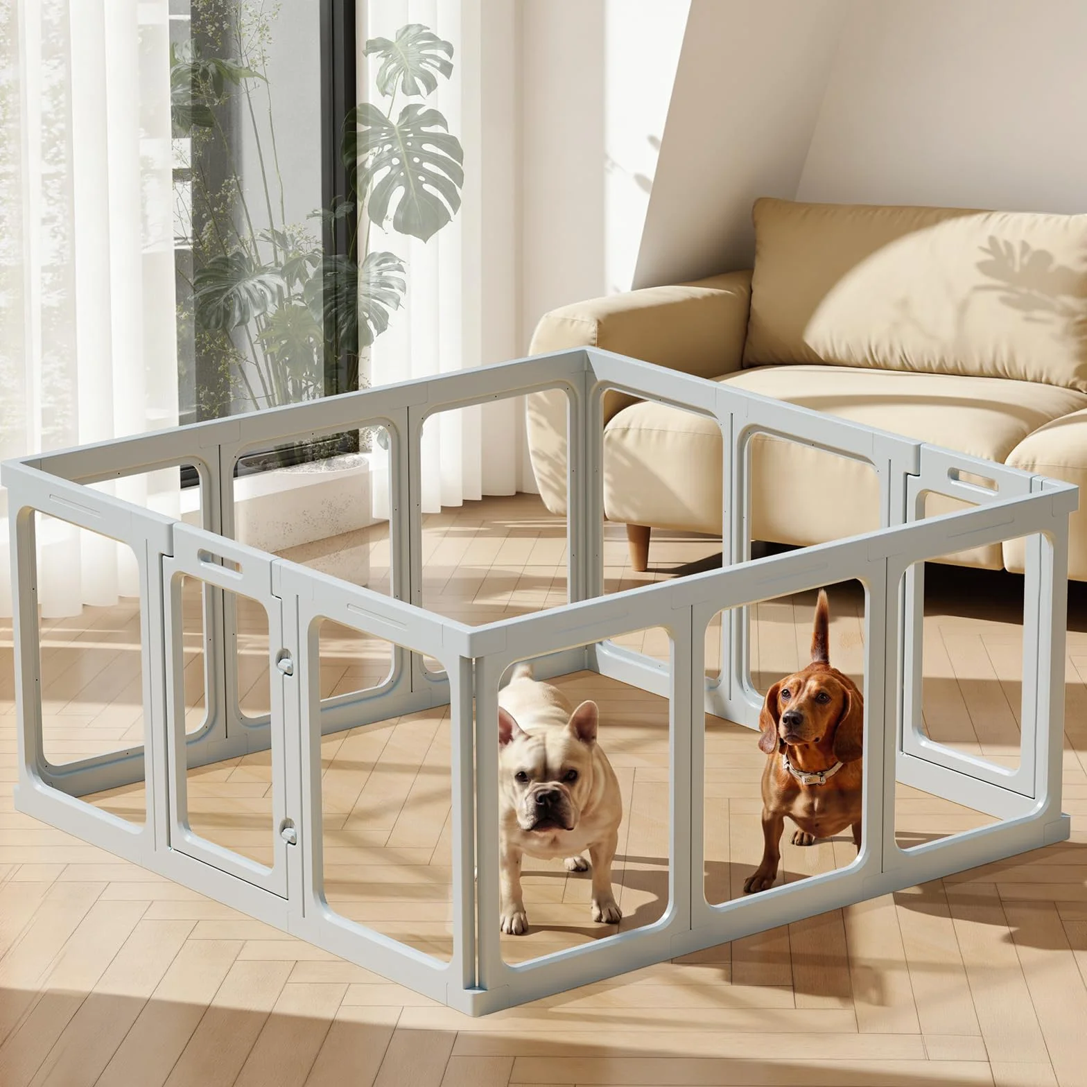 Gardner Recinto per Cani in Acrilico Trasparente Box Antigraffio Antiscivolo Parco Modulare per Cuccioli Gatti Conigli Espandibile 12 Pezzi Grigio