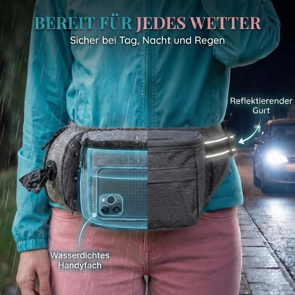 HUND IST KÖNIG Borsa per cani e accessori per cani – Robusto marsupio per cani – Borsa per cibo per cani con dispenser per sacchetti, scomparto per cellulare e tracolla per cavi flessibili
