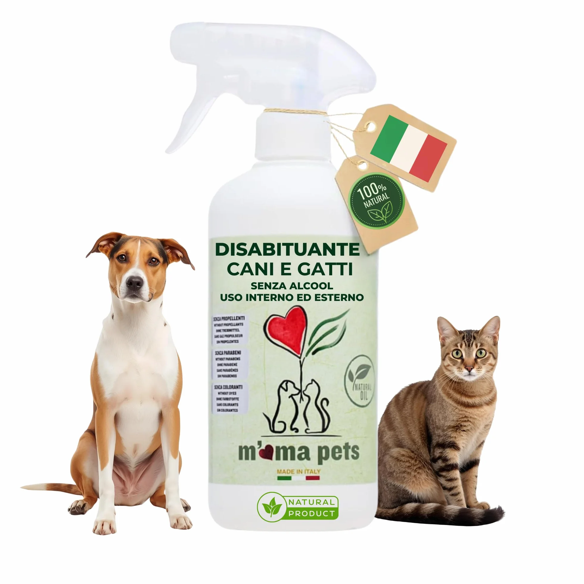 M' MA PETS Repellente Disabituante per Cani e Gatti 100% Naturale, Made in Italy - Spray Anti Urina Uso Interno ed Esterno – Formula Green a Base Vegetale Senza Alcool - 500ml