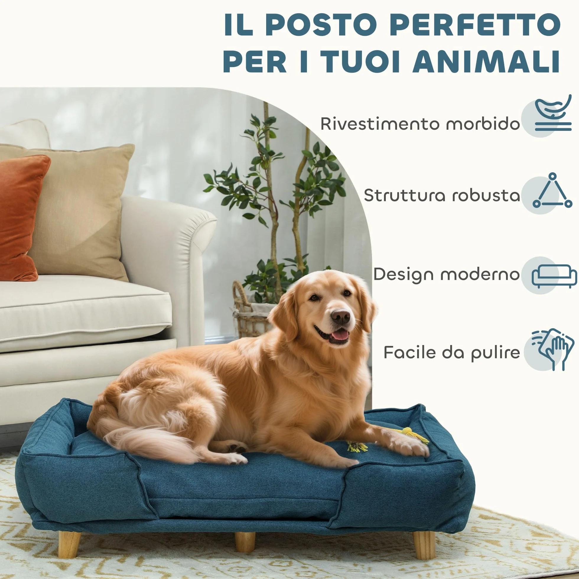 PawHut Divano per Cani Grandi Fino 30 kg, Cuccia Lettino Rialzato per Animali da Interno con Cuscino Rimovibile, 96x66x24 cm, Blu
