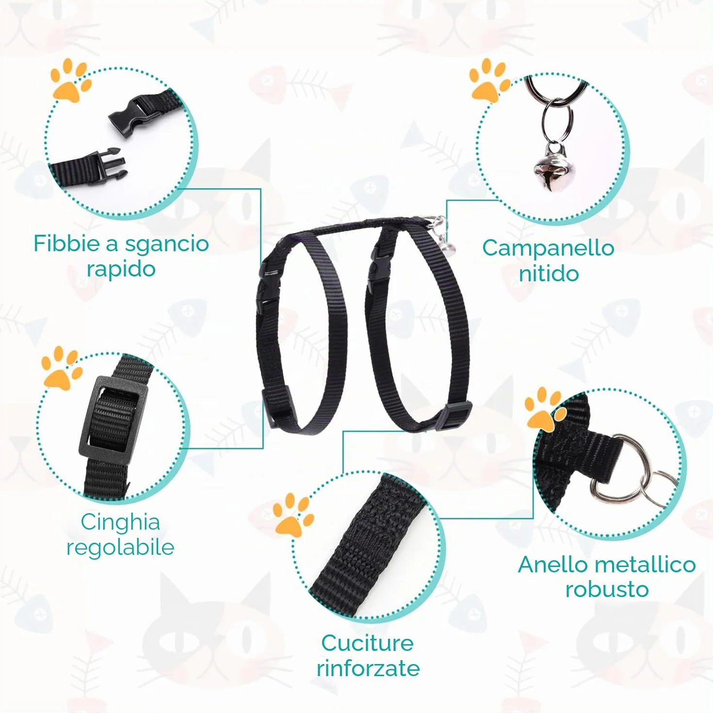 Nobleza Pettorina per Gatti con Guinzaglio Integrato, Imbracatura Regolabile per Gatti Piccoli e Cuccioli, Nero, Size W1.0*L120cm