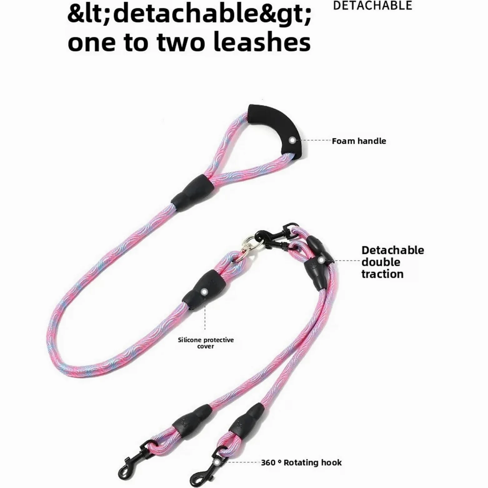 Guinzaglio per cani a doppia estremità, motivo ondulato, un trascinamento due, anti-avvolgimento, staccabile, per cani (rosa, 1,2 0,8 cm)