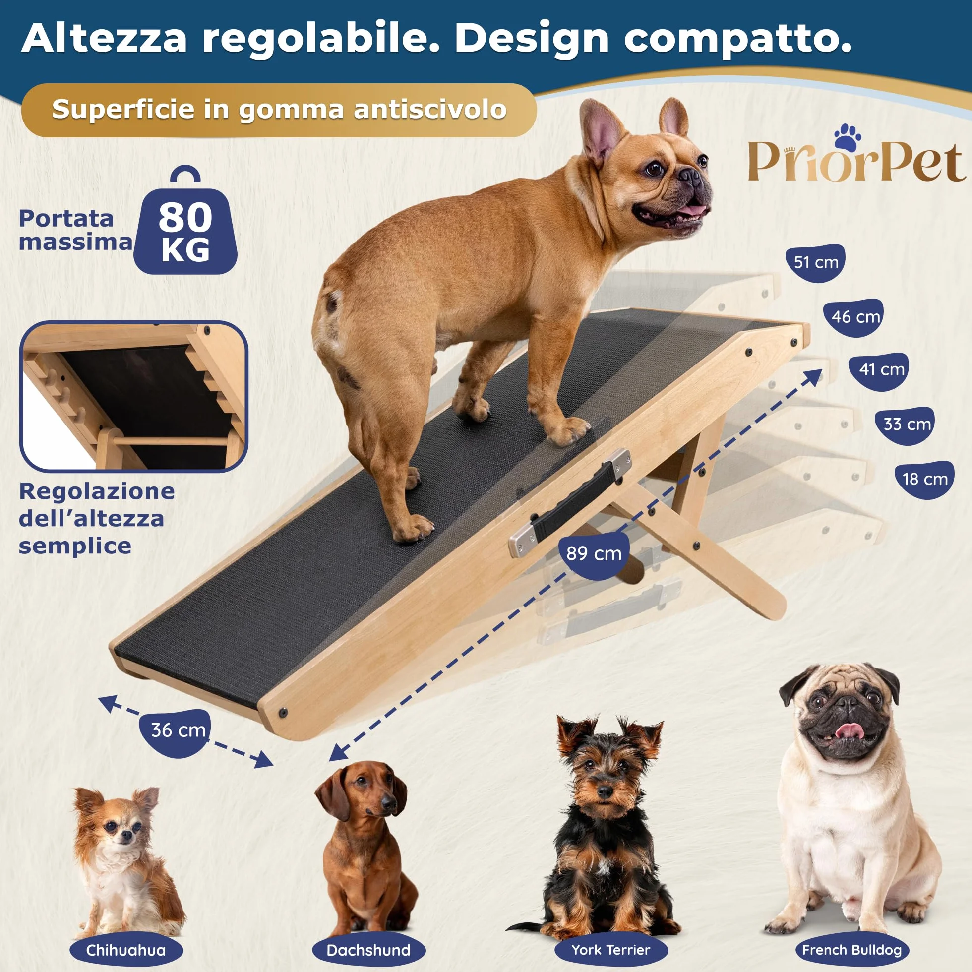 Rampa per Cani in Legno di Betulla Regolabile 18-53 cm Pieghevole per Letto e Divano