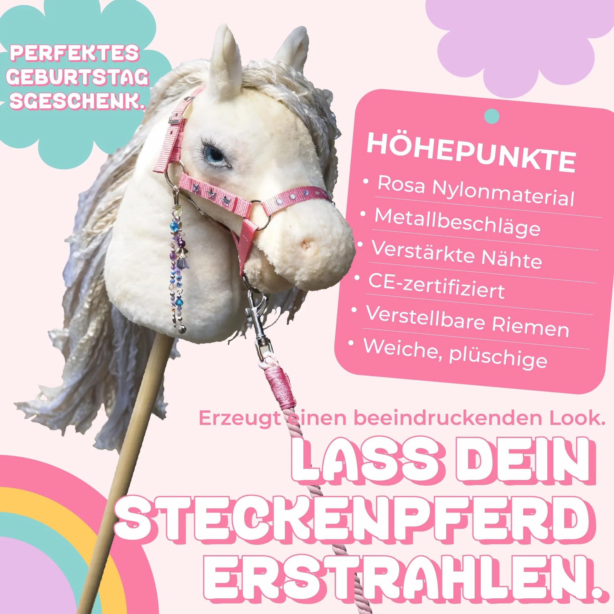 Panduro Hobby Horse - Set di cavezza in lana + cavezza in nylon per cavalli con fibbie in metallo + guinzaglio per accessori hobby, rosa