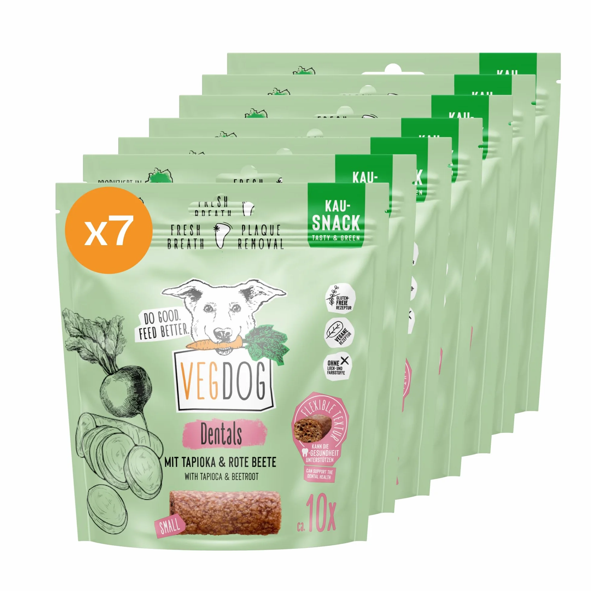 VEGDOG Dentals Bastoncini Masticabili Ipoallergenici per Cani (7 x 120 g) | Snack Povero di Grassi per Denti Sani | Cura Dentale per Allergici con Patate e Tapioca