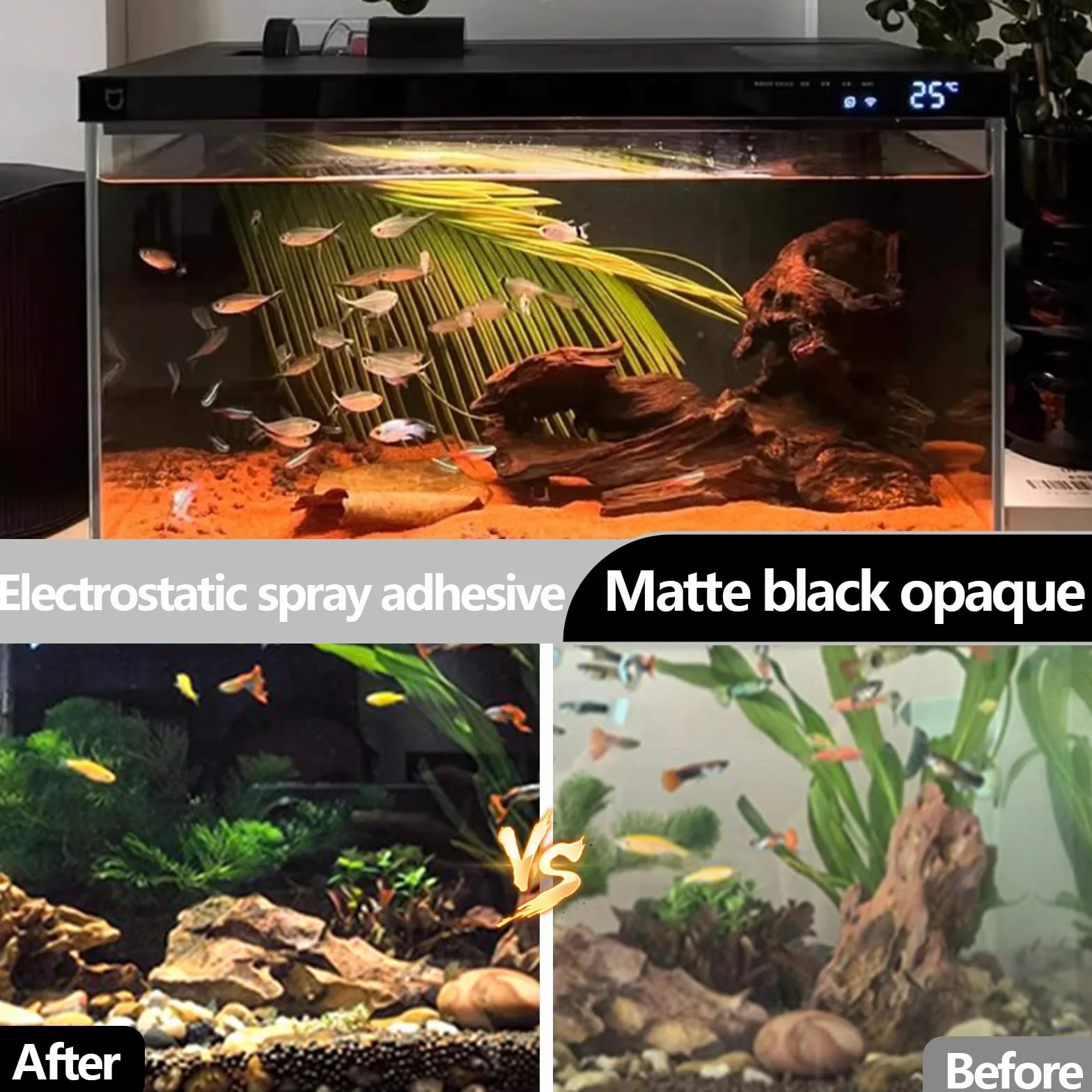 Pellicola per Acquario Autoadesiva, Pellicola per Fondo Acquario 200x40cm PVC Adesivo Statico Nero Tagliabile per Fondo Acquario Terrario