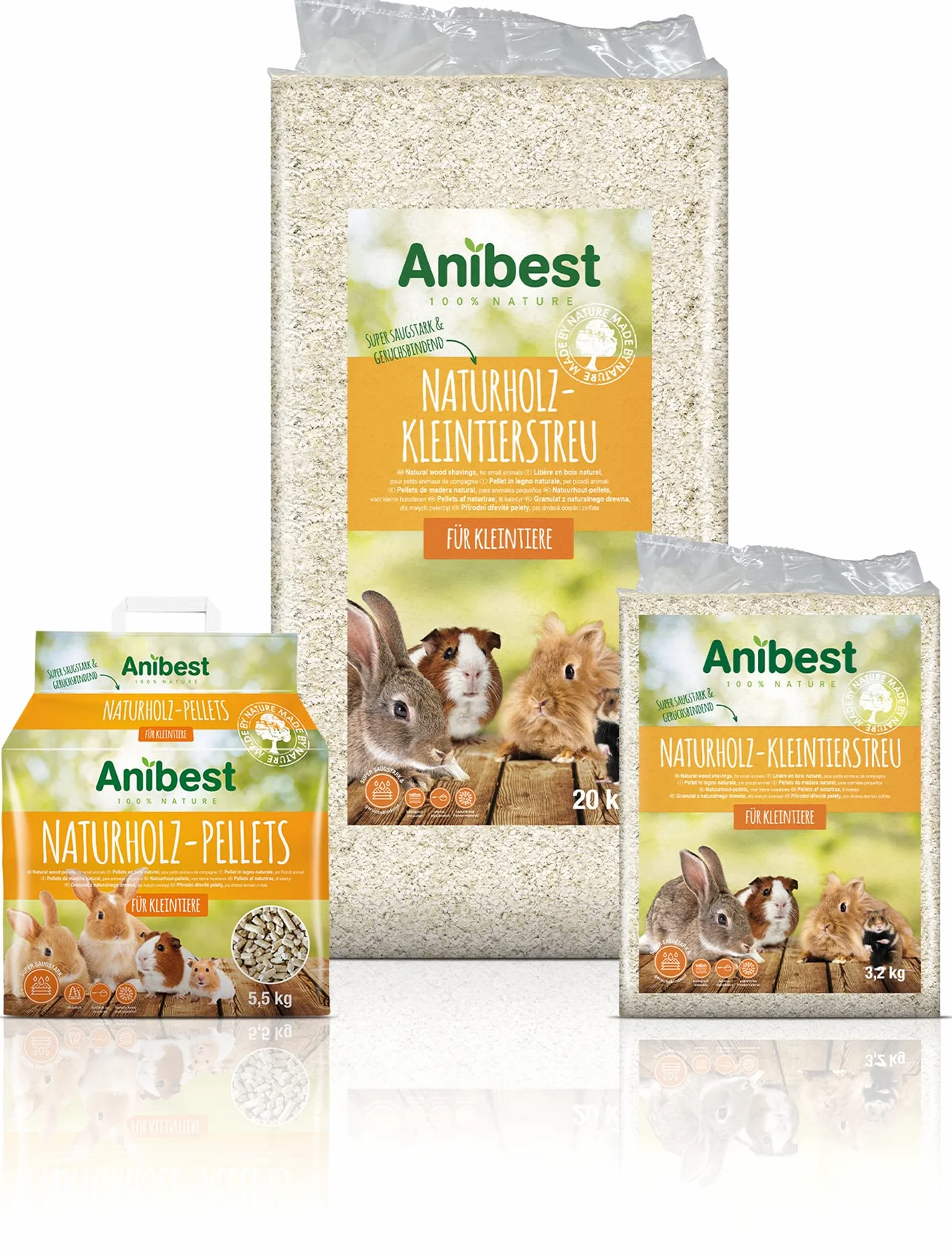 Anibest - Lettiera per piccoli animali, 100% naturale, per conigli, criceti, porcellini d'India, trucioli di legno morbido assorbente, privo di polvere e inodore, 3,2 kg/60 l