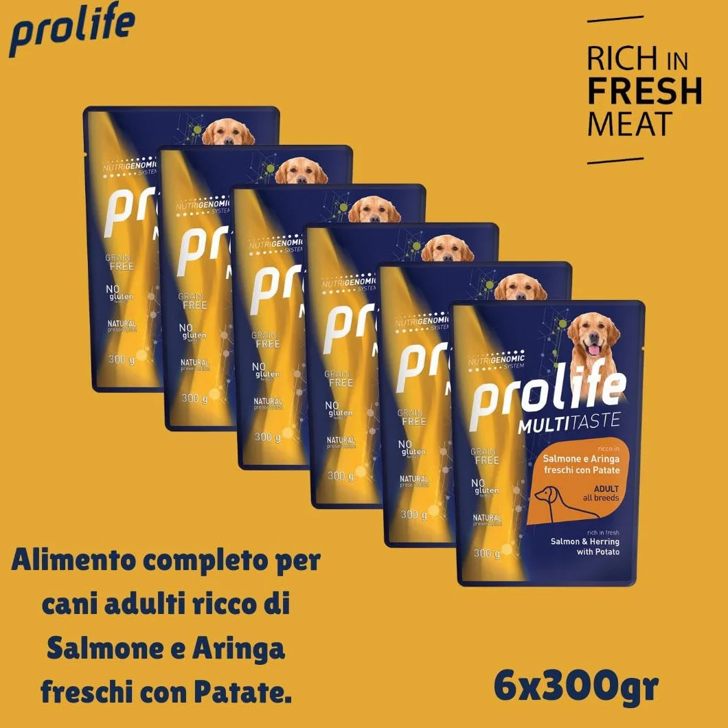 Prolife Umido Cane Multitaste 300gr, alimento completo di qualità per cani adulti di tutte le taglie, gusto SALMONE,ARINGA e PATATE | 6 bustine da 300 grammi l’una.