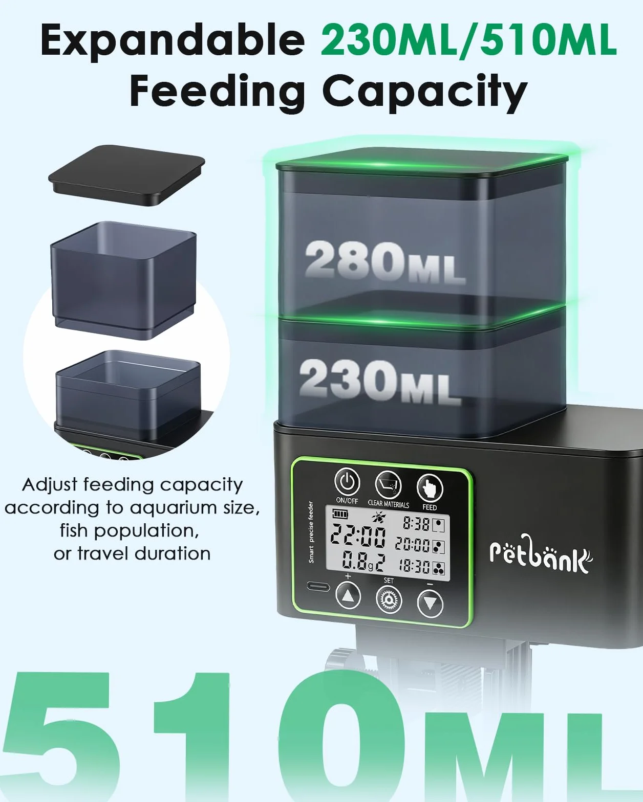 Mangiatoia Automatica Acquario-230/510ml Distributore Automatico Cibo Pesci con Alimentazione di Precisione 0.1-2g,Mangiatoia Acquario Antiumidità con Pulizia e Allarme Scorte,Ricaricabile Usb