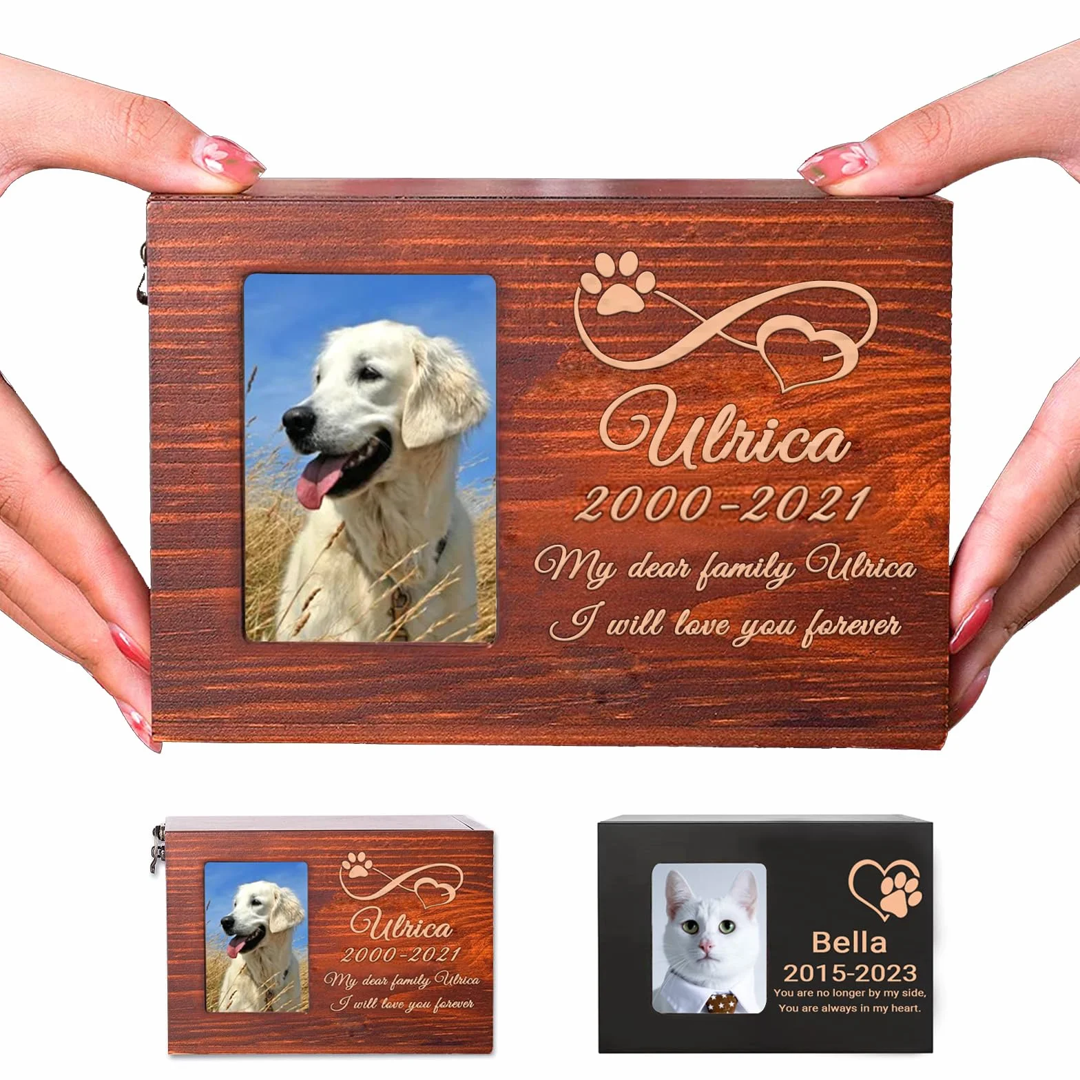 Urna in Legno per Animali Domestici Personalizzata con Nome, Data e Testo,Urna per Animali Domestici Personalizzata Scatola in Legno Souvenir Per Cani, Gatti, Conigli e Uccelli (Incisione)