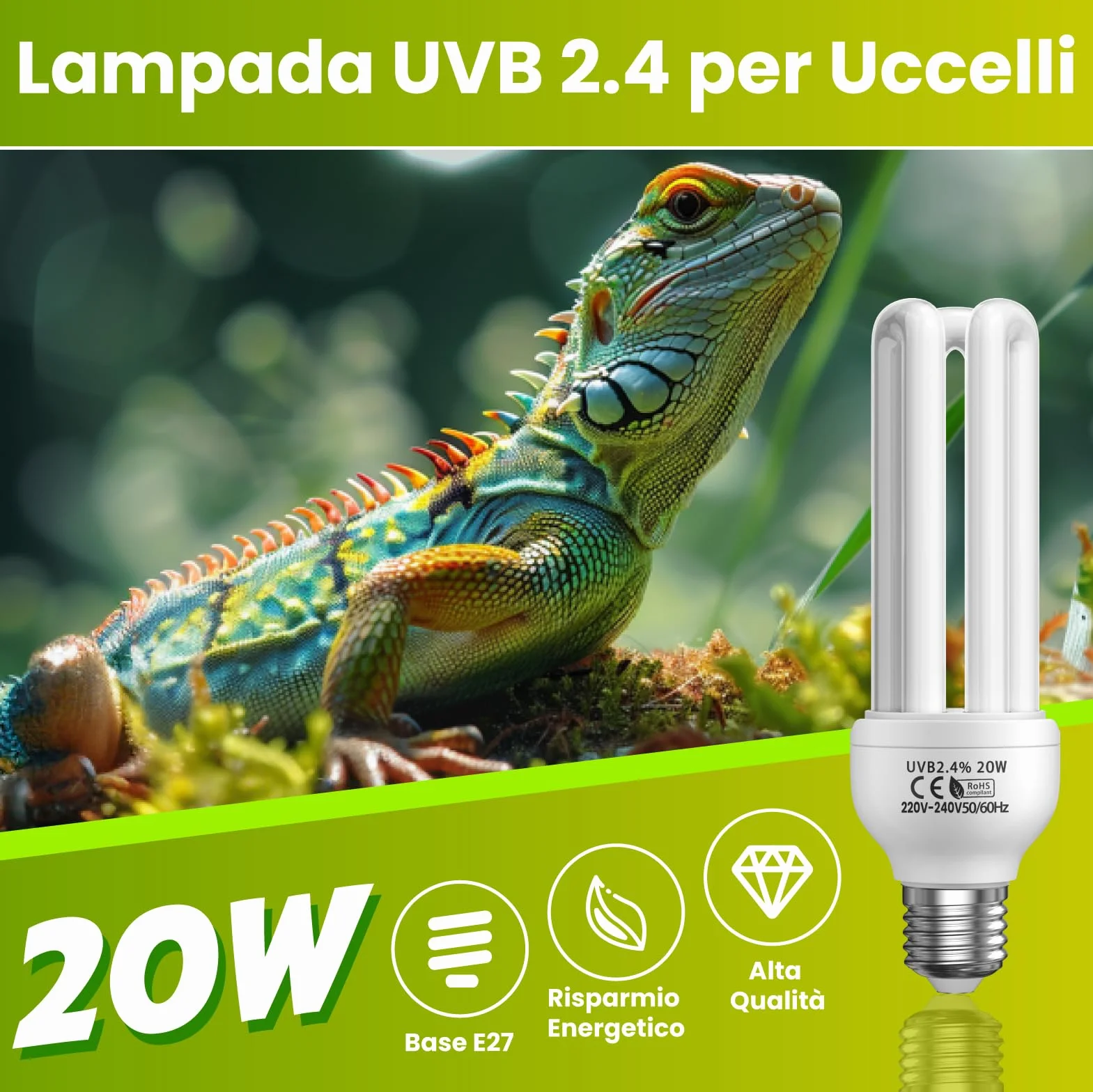 GlowUp UVB 2.4 Lampadina per uccelli 20W E27 UVA UVB pappagalli rettili