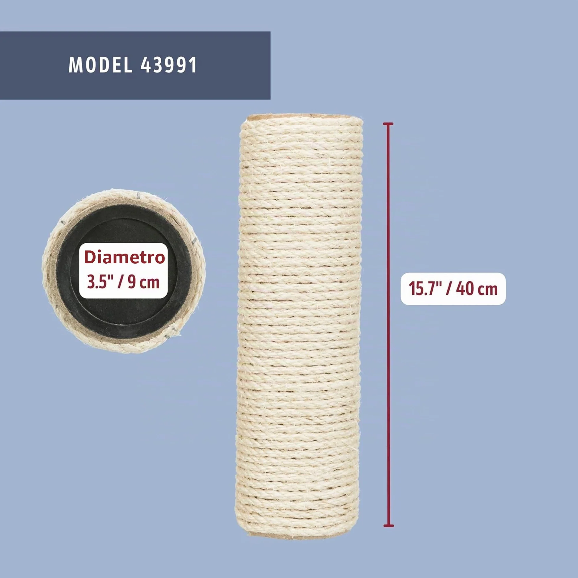 Trixie Tronco di Ricambio in sisal per tiragraffi e Alberi per Gatti – Ricambio incl. Barra filettata & 2 Viti – Filettatura M8 – Naturale, ø 9 × 40 cm
