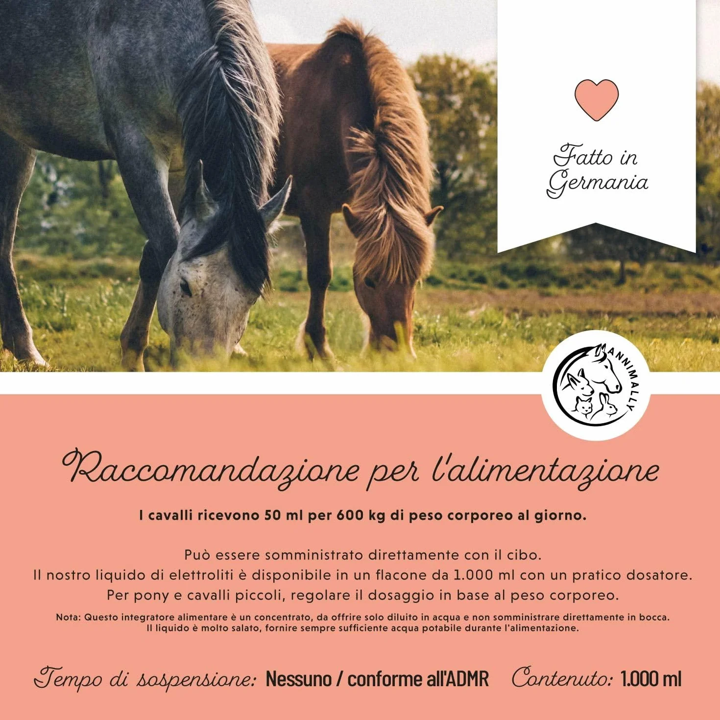 Elettroliti Liquidi per Cavalli 1000ml con Sodio, Potassio, Calcio, Magnesio e Vitamina B - Integratore Senza Zuccheri