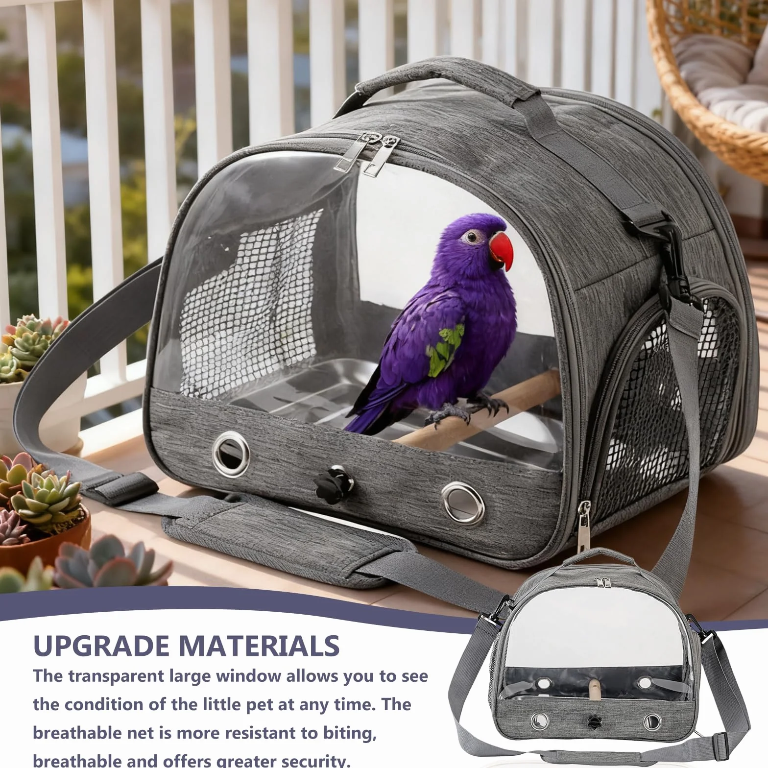 Borsa per uccelli con asta e vassoio in acciaio inox, per il trasporto di uccelli, traspirante, portatile, per pappagallini, piccoli animali, Bird Transport Box (grigio)