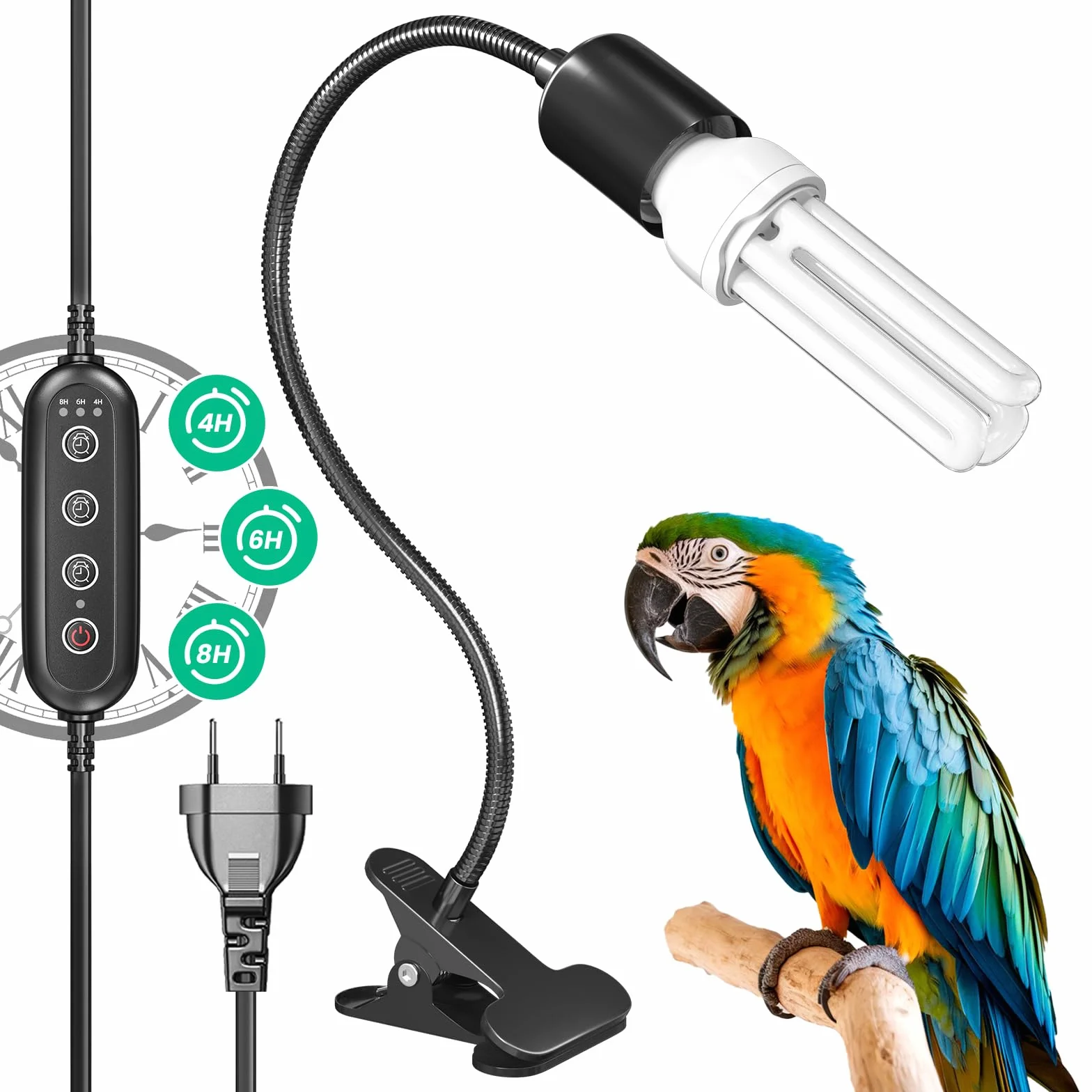GlowUp Lampada per Uccelli Set Completo con Timer, Lampada a Morsetto con Lampadina UVB 2.4 E27 20W per Uccelli