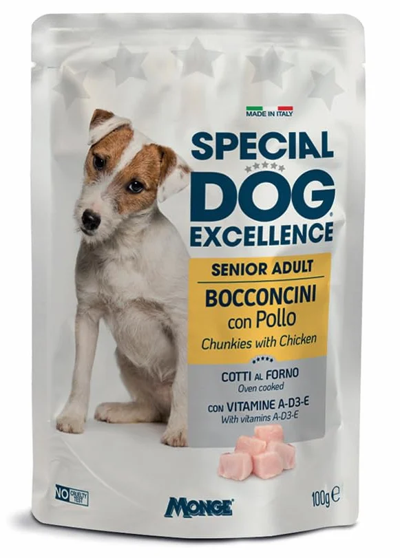 Monge Special Dog Excellence bocconcini, umido senza coloranti, senza conservanti per cani anziani di tutte le taglie gusto POLLO | 12 bustine da 100 grammi l'una.