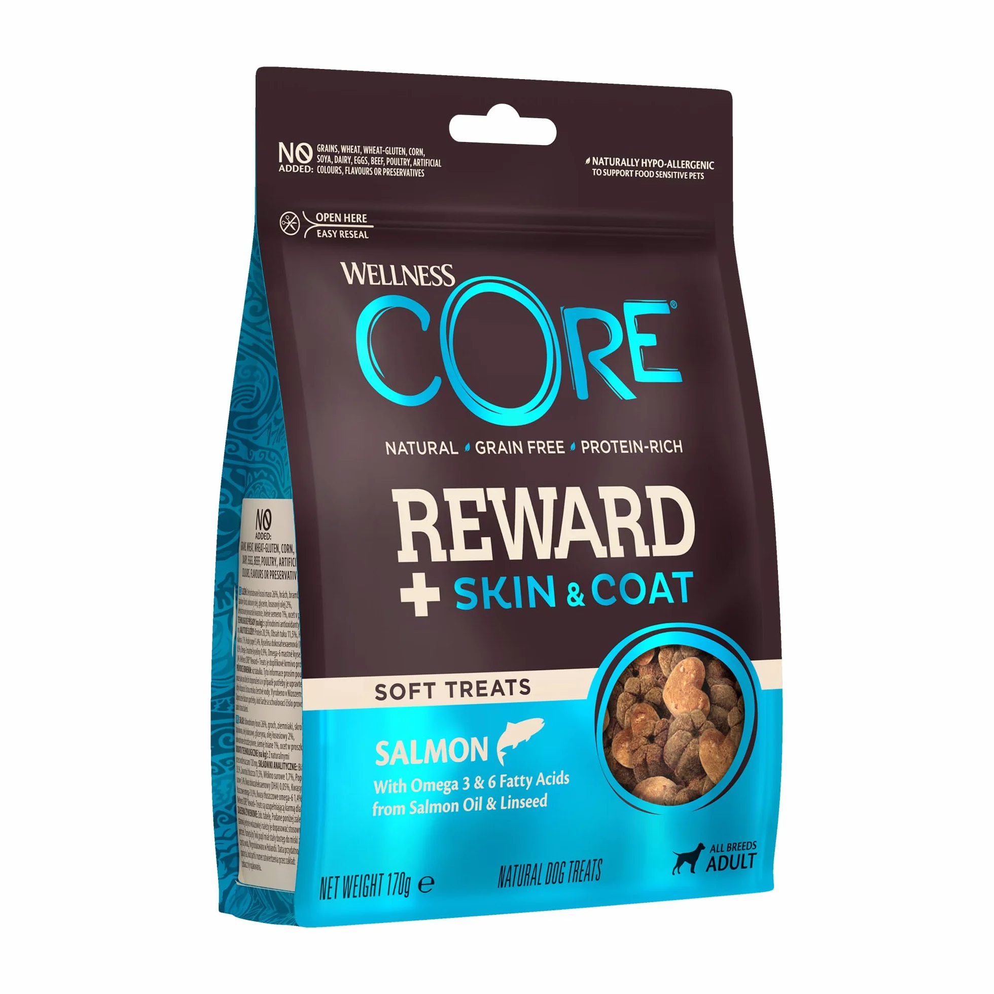 Wellness CORE Reward+ Pelle & Pelo 170g, Salmone – Snack Morbidi per Cani, Senza cereali, Naturale, Ipoallergenico, Ricco di Proteine, Alto Contenuto di Pesce, Pelle Sana e Pelo Lucido