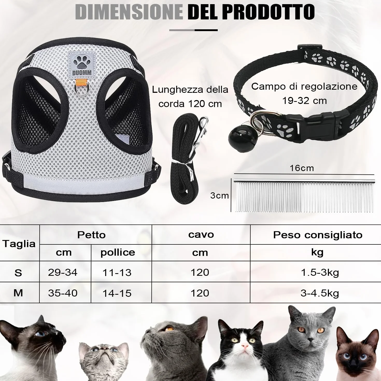 Pettorina e Guinzaglio per Cani, Pettorina Riflettente per Cuccioli, Set di imbracatura e guinzaglio per cuccioli, gatti e gattini (Grigio, S)