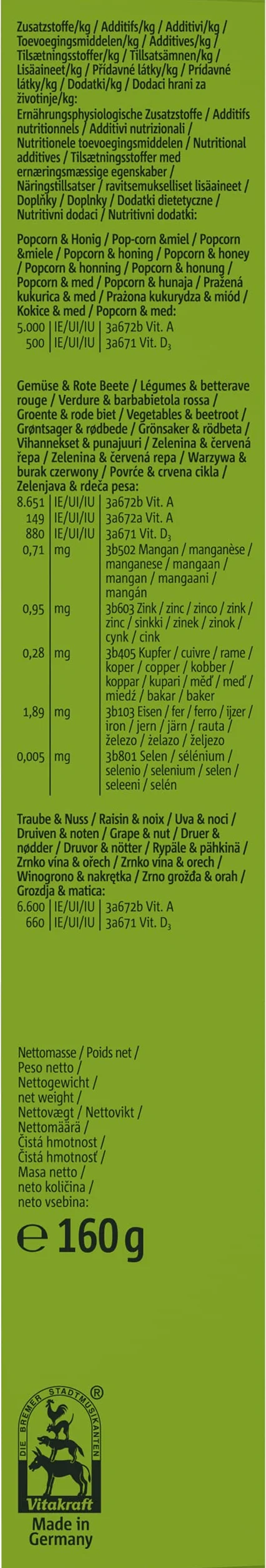 Vitakraft Kräcker Mix, bastoncini da sgranocchiare per conigli nani, con popcorn e miele, con verdura e barbabietola rossa, con uva e noci, senza l'aggiunta di zuccheri e cereali (1x 160g)