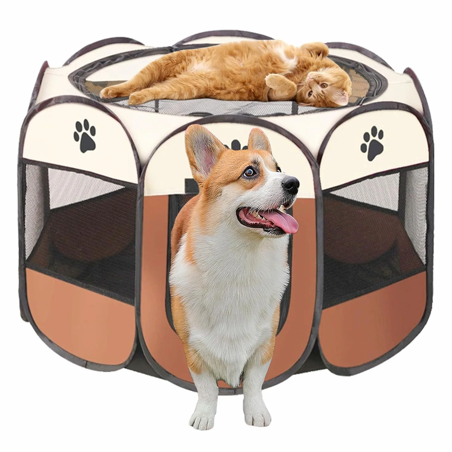 Parco portatile per cuccioli, pieghevole, per appartamento, per interni in tessuto Oxford impermeabile per cani, gatti, conigli, 74 x 74 x 43 cm (marrone)