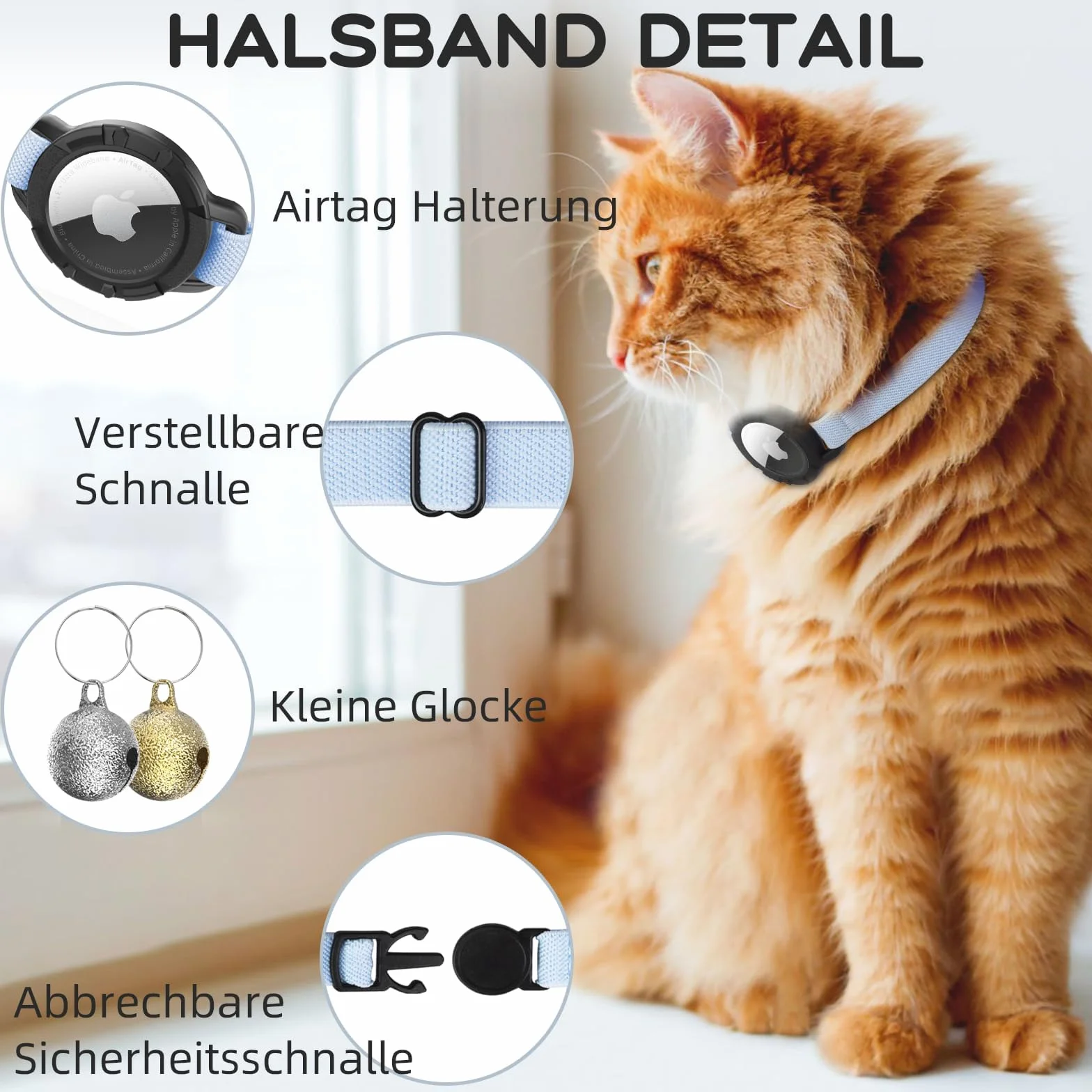 Collare Airtag Gatto, Collare Estensibile con Protezione Airtag e Campanellino, Leggero e Confortevole per Gatti di Tutte le Taglie (Blu)