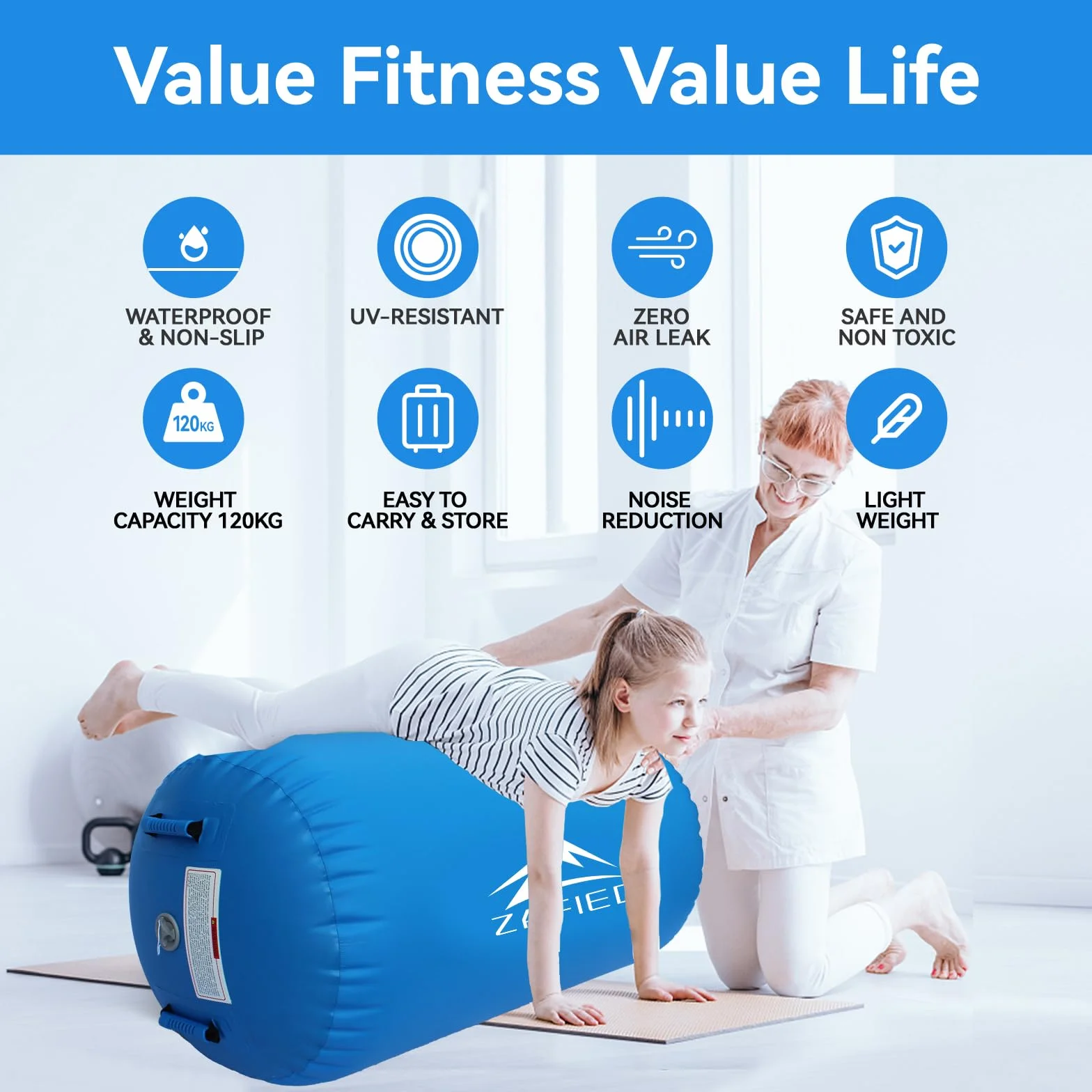 Rullo ad aria, gonfiabile, per ginnastica, yoga, con pompa ad aria, per allenamento