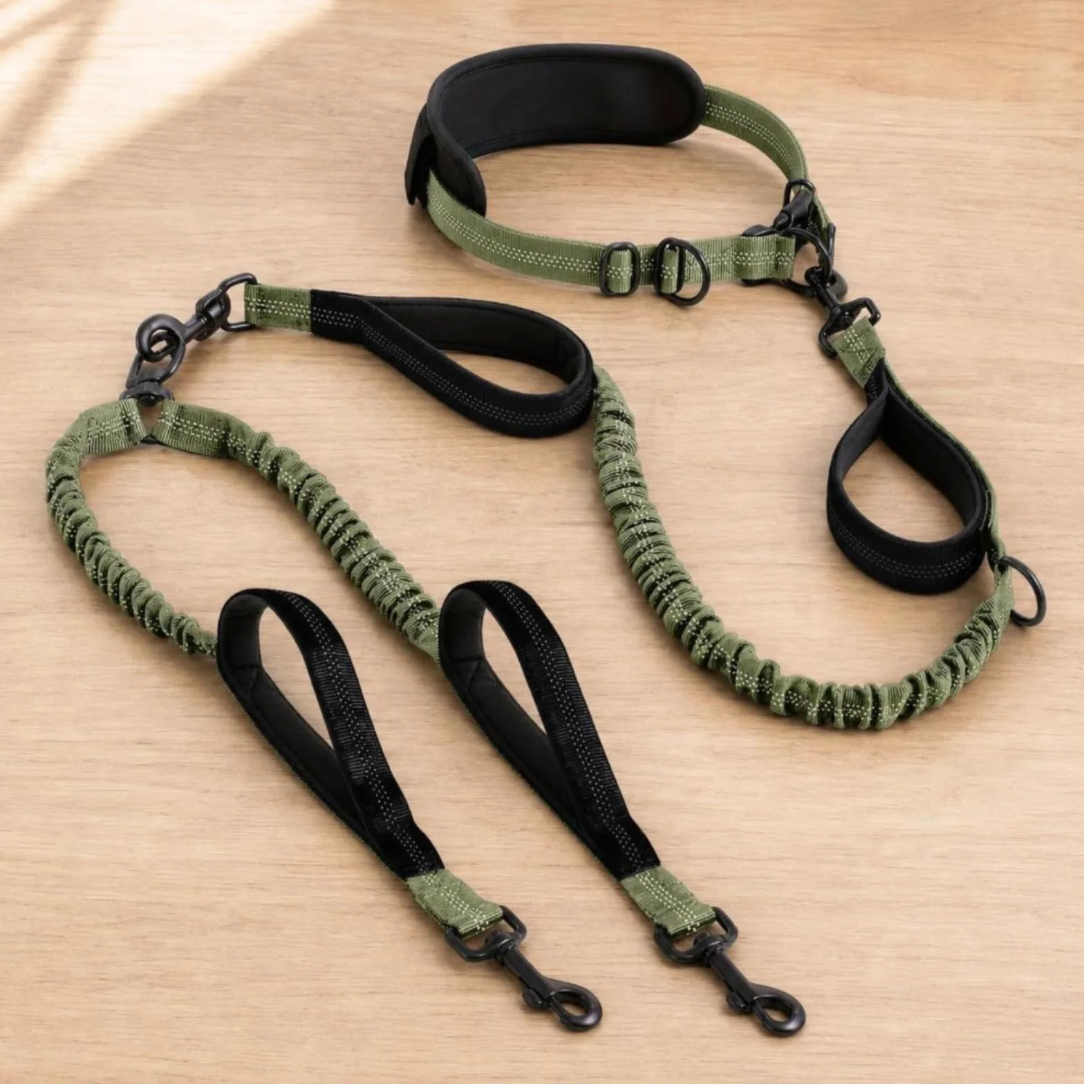 Guinzaglio a Doppia Testa Guinzaglio Elastico con Bungee Guinzaglio per Cani Guinzaglio Cintura da Corsa con Cintura in Vita con Maniglie per, Verde