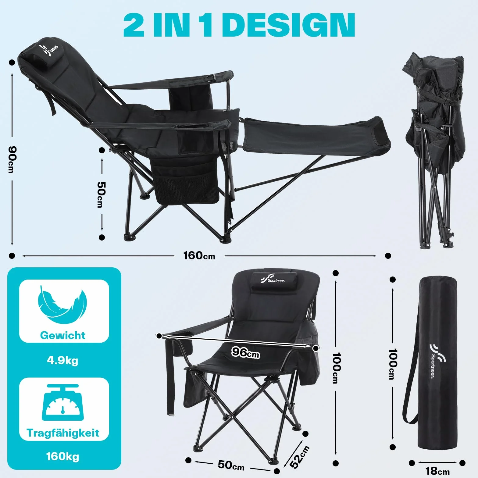 Sedia da campeggio pieghevole e sedia a sdraio pieghevole 2 in 1, sedia da spiaggia con schienale regolabile in 4 posizioni, sedia da campeggio con poggiapiedi con borsa termica per campeggio