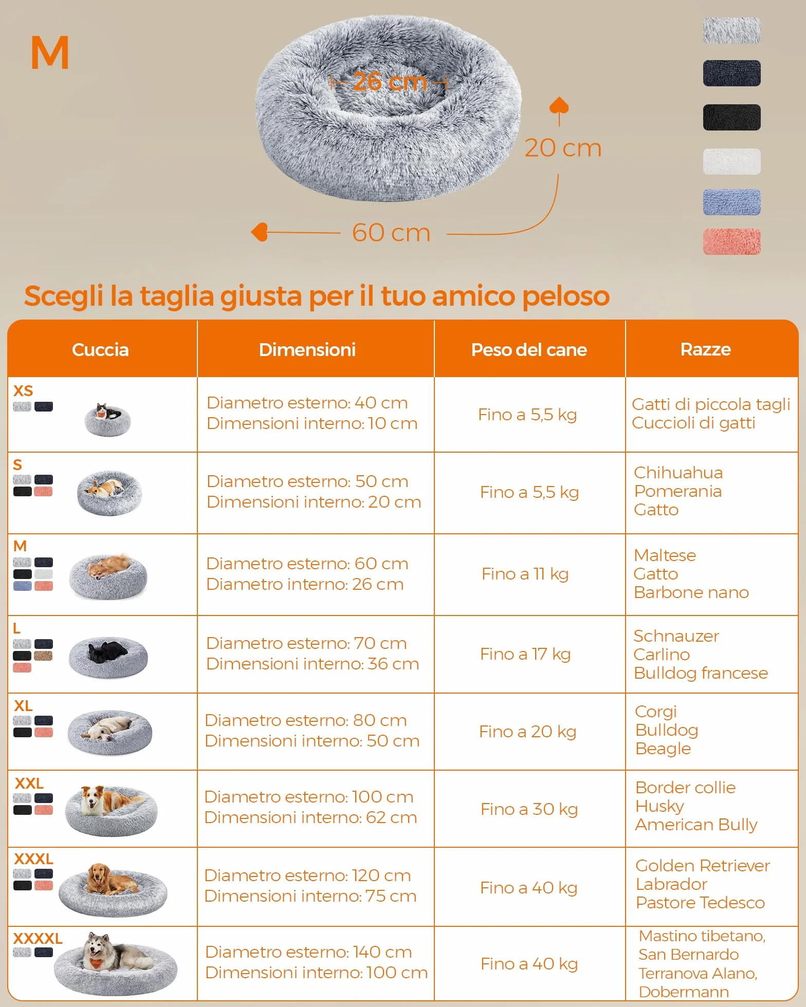 Feandrea Cuccia Cane Interno a Ciambella, Cuscino Lavabile, Diametro 60 cm, Grigio Ombré