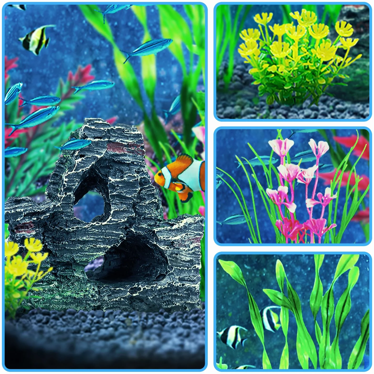 QUOZUO Decorazione per Acquario Pianta, Piante Artificiali per Acquario e Decorazione Grotta in Poliresina, Nascondiglio per Pesci, 12 Pezzi