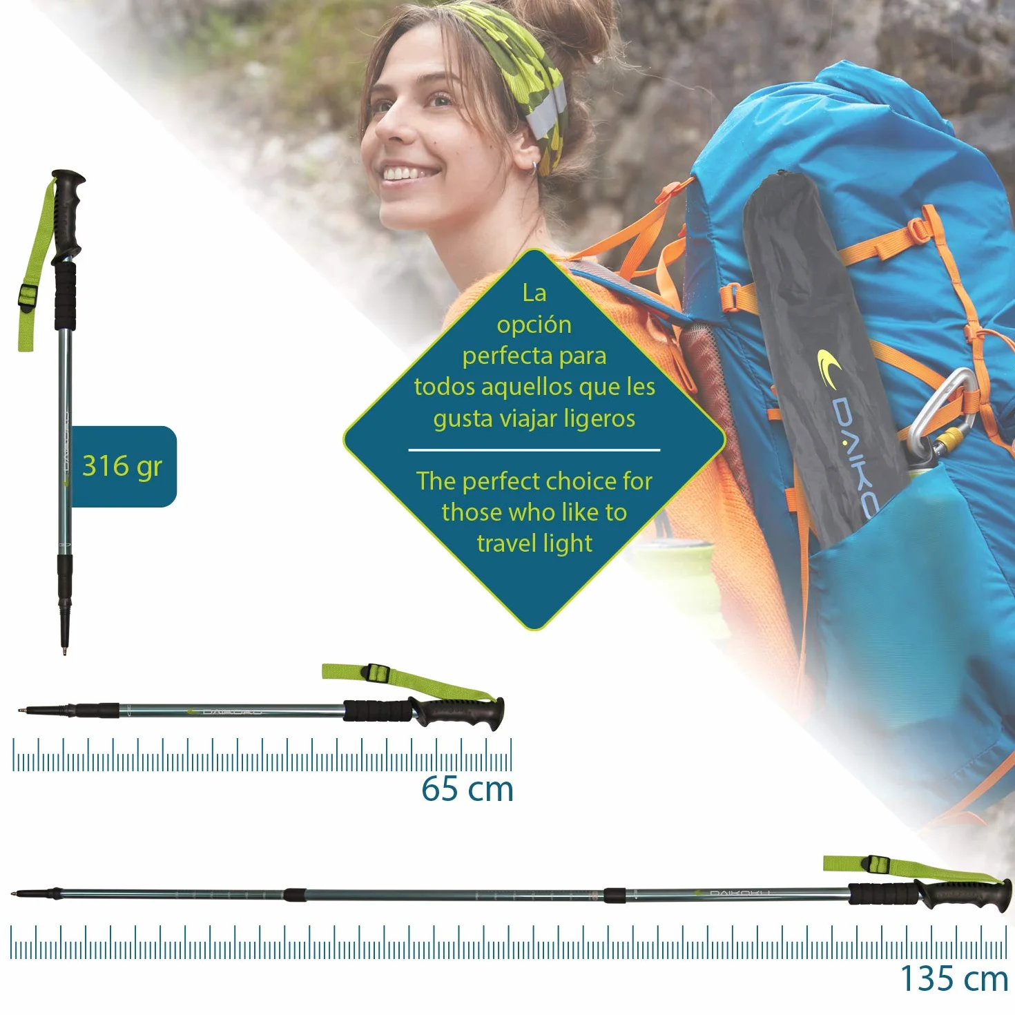 Bastoni da Trekking Estensibili Daikoku 65-135cm in Alluminio Leggeri e Resistenti con 6 Punte