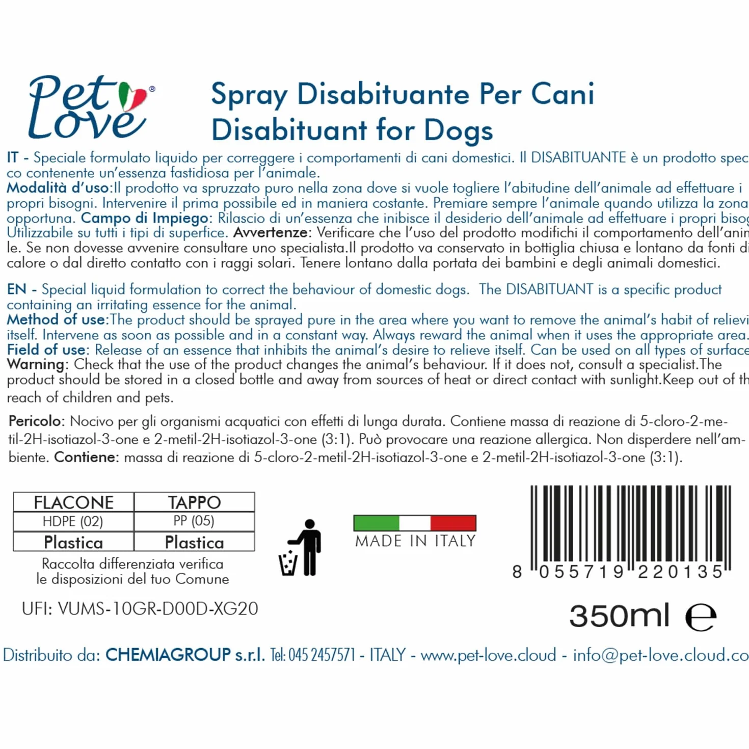 PET LOVE Spray Disabituante Repellente per Cani - Anti Urina per Interni ed Esterni - Barriera Olfattiva - 350 ml