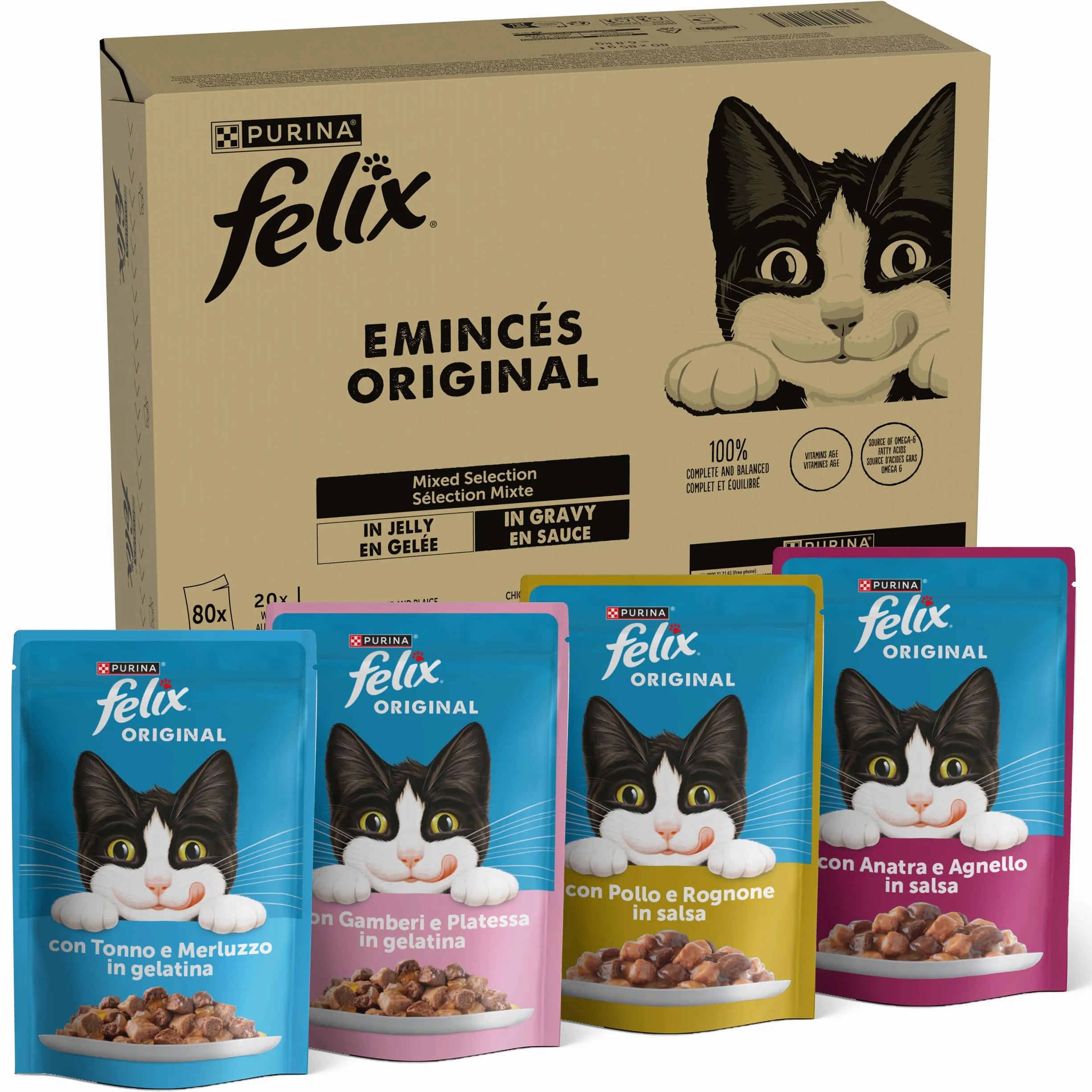 FELIX Original Cibo Umido per Gatti Adulti con Tonno, Gamberetti, Pollo, Anatra 80 Buste da 85g