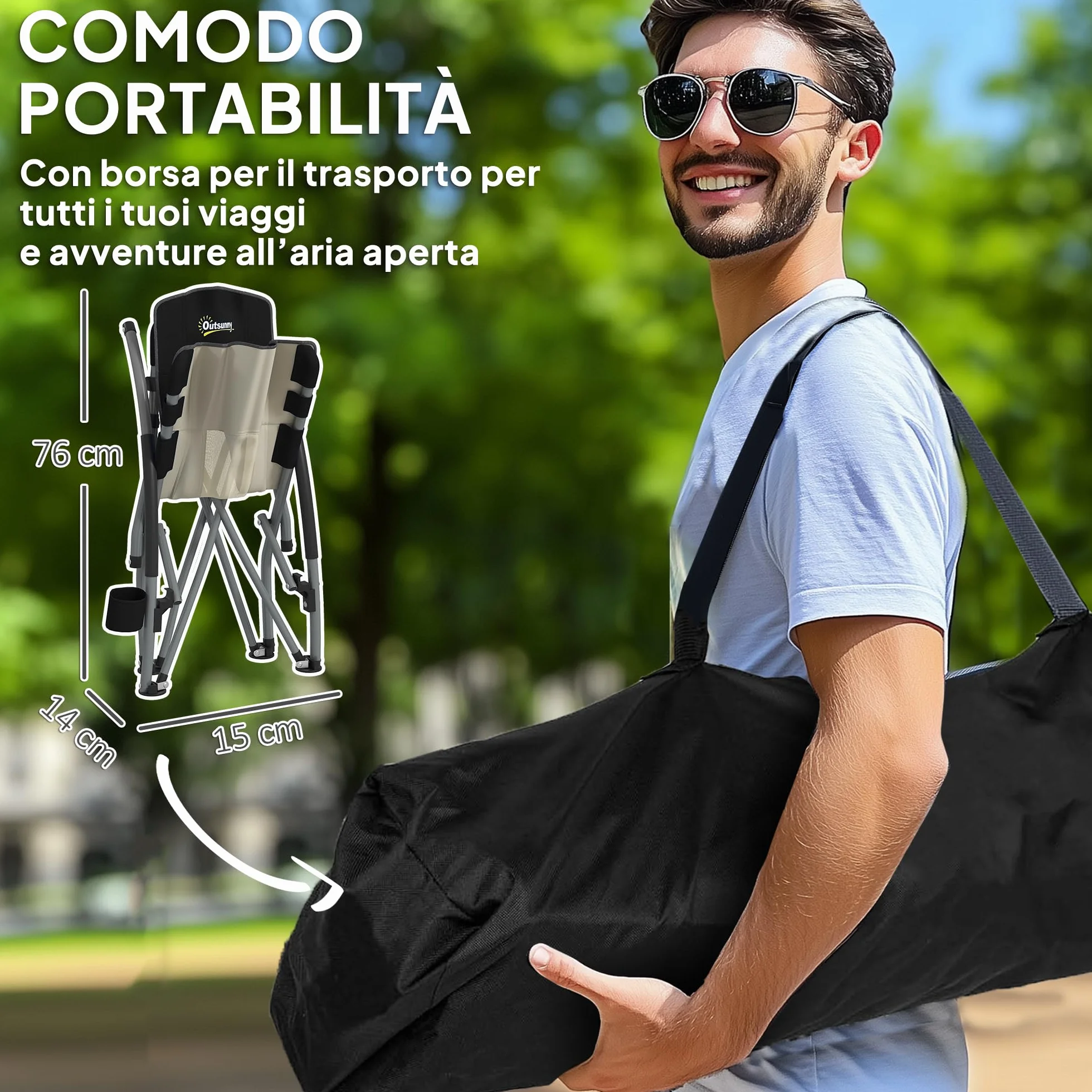 Outsunny Sedia da Spiaggia Pieghevole con Schienale a Rete e Braccioli, Portabicchieri, Borsa Trasporto, Nero