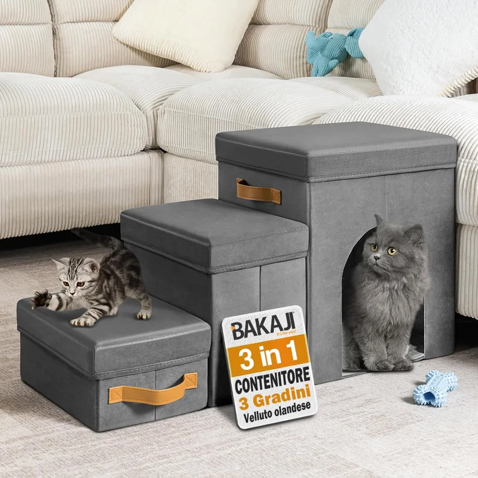 BAKAJI Pieghevole Scala per Cani e Gatti 3in1 Velluto Grigio, Scaletta per Animali Domestici Multifunzione con Contenitore e Cuccia, Antiscivolo