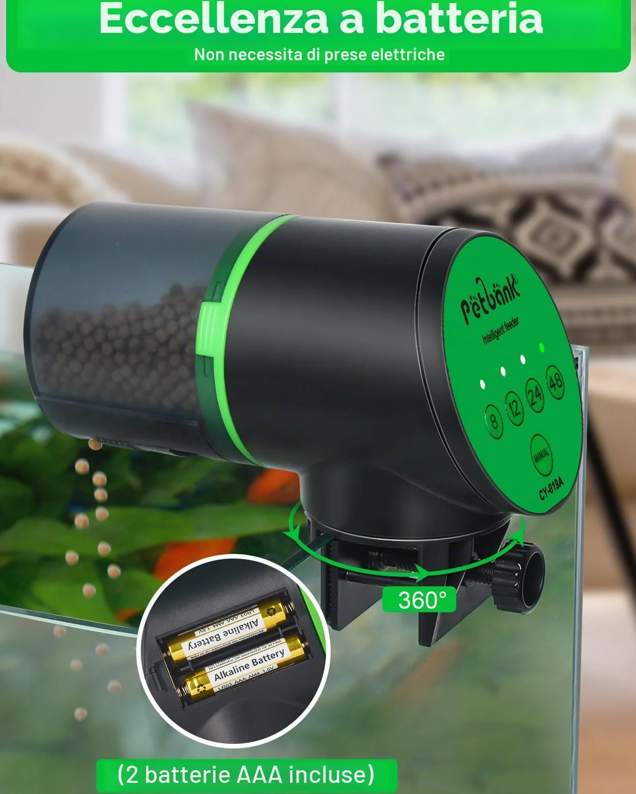 Mangiatoia automatica per acquario, distributore automatico di cibo per pesci, timer vacanze alimentato a batteria, alimentatore automatico per pesci, distributore automatico con 2 batterie