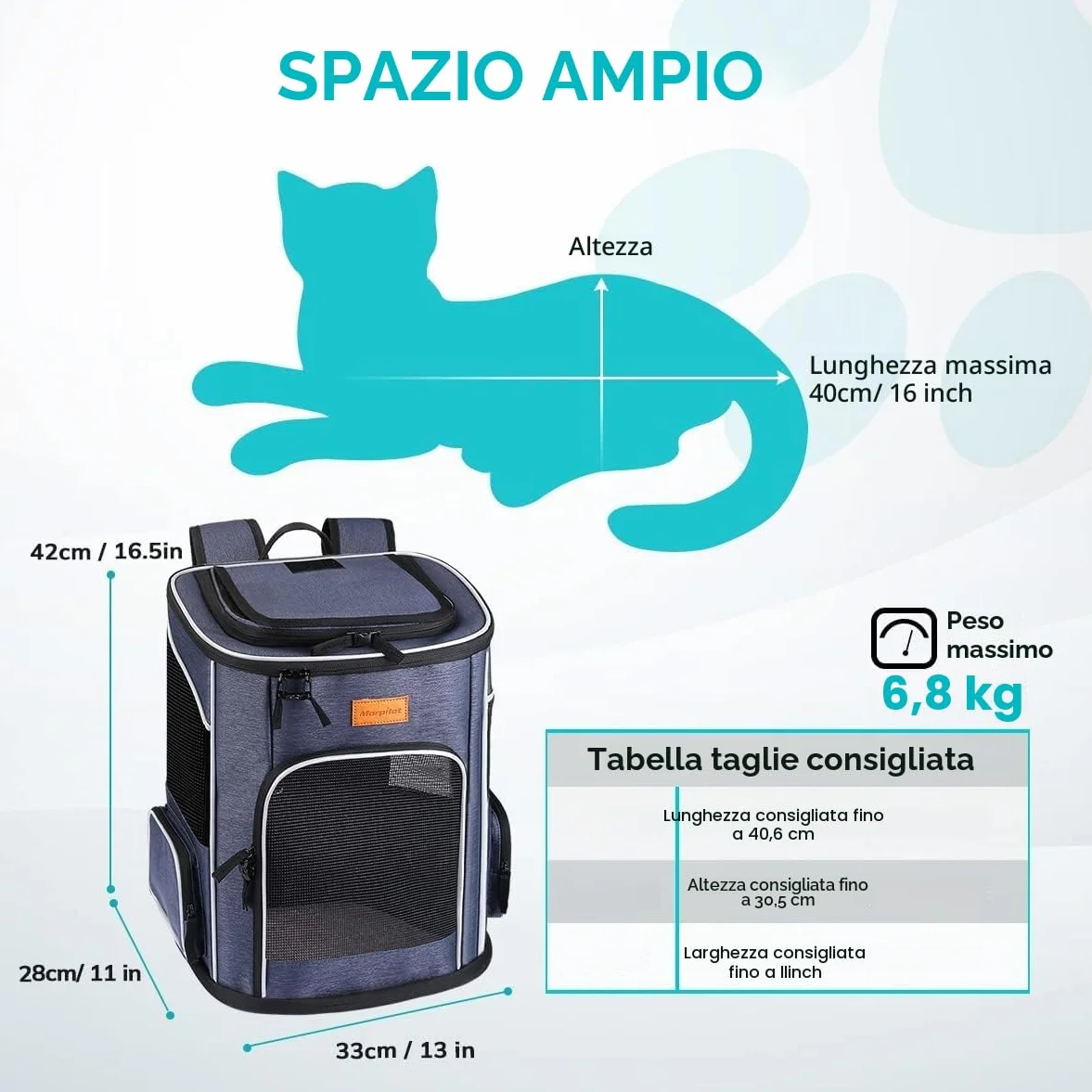 Morpilot Zaino per Cani e Gatti 7kg Trasportino Taglia Piccola Cinturino Sicurezza Interno Portatile Viaggio Campeggio