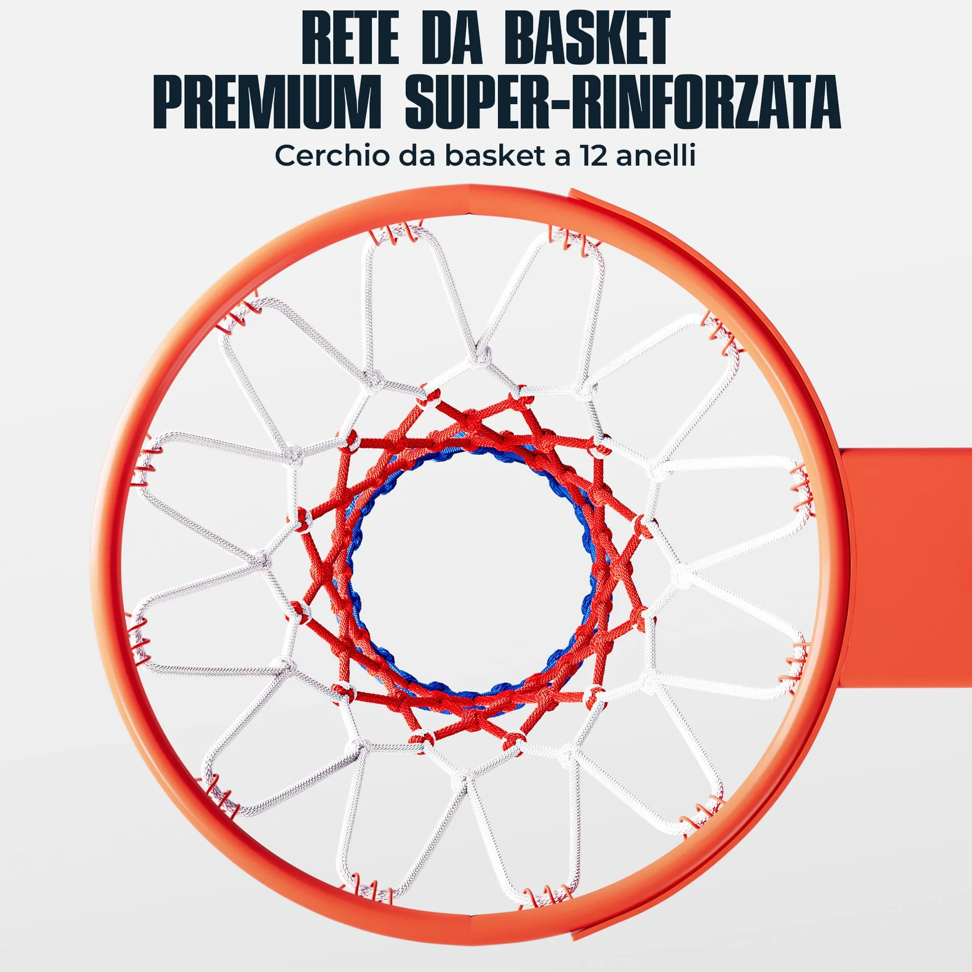 Rete per Basket Professionale 150g, Rete Resistente per Canestro Esterno, 12 Ganci, Bianco Rosso Blu