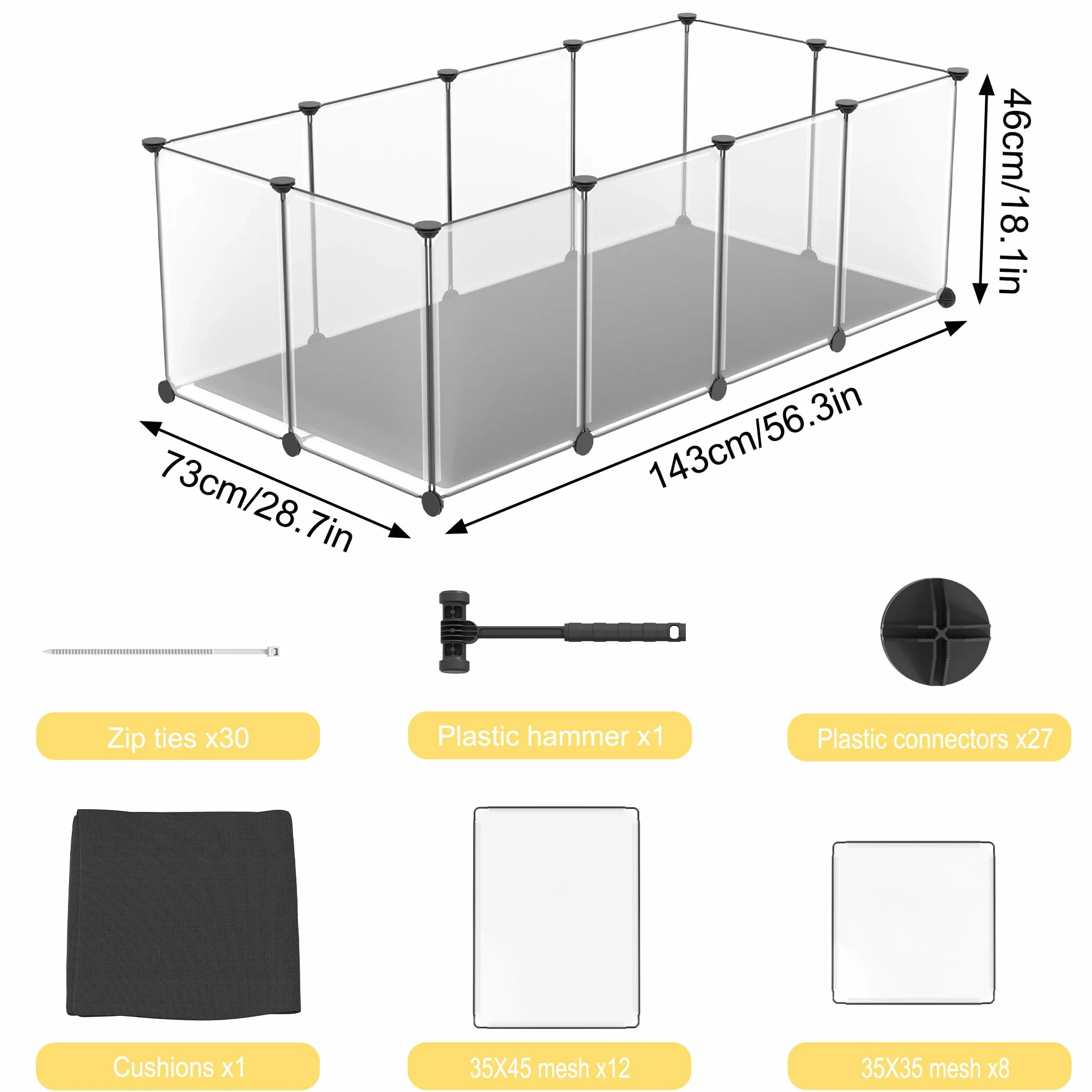 ACXIN Recinto per animali domestici 12 pezzi con piastre di fondo, comoda base, 143×73×46 cm – ideale come scatola per cani, gatti, conigli, porcellini d'india, recinto per animali, recinto per