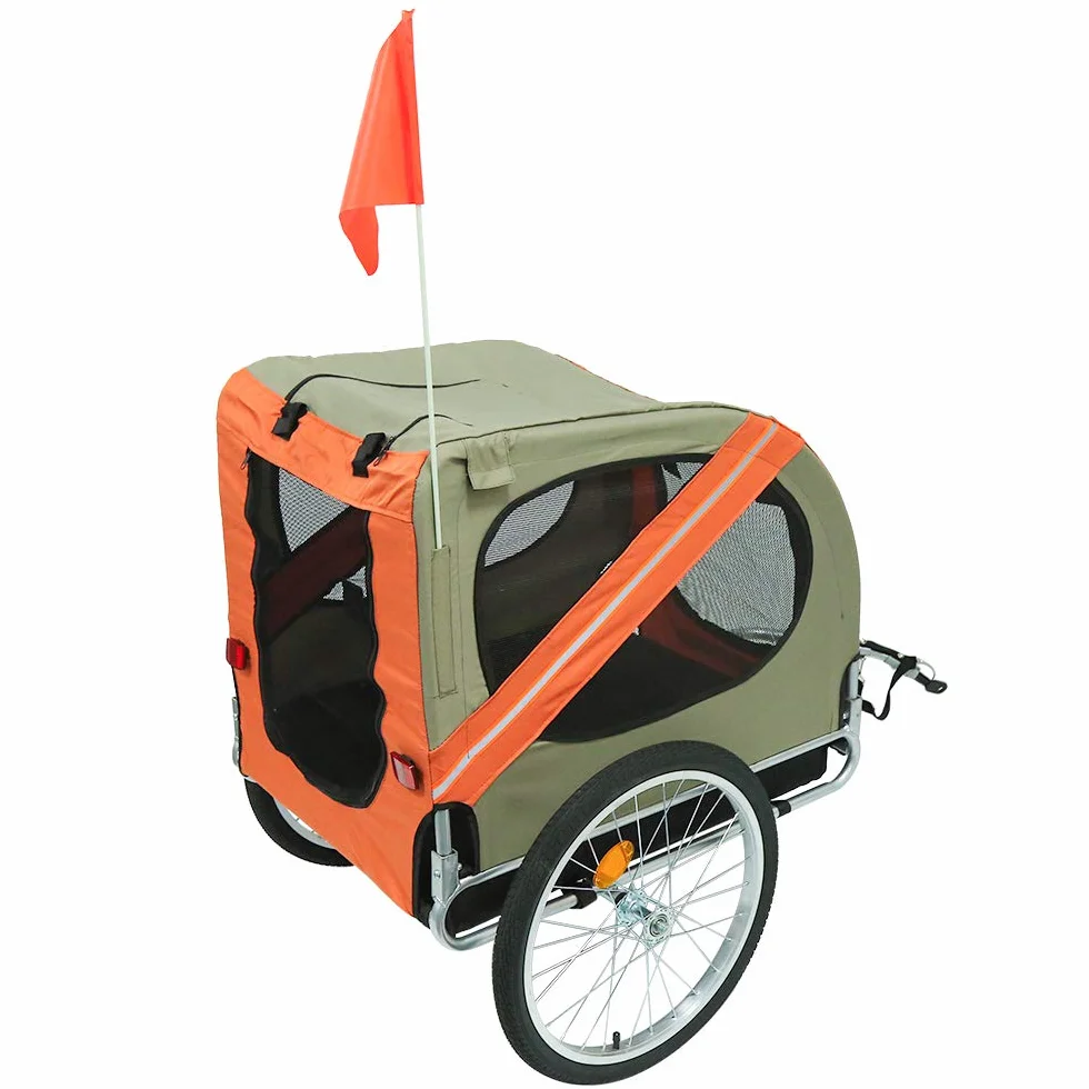 sarah Carrellino Rimorchio per Cani Animali Domestici da Bicicletta 137 x 73 x 90 Trailer Biciclette, Rimorchio Bicicletta per Cani con Frizione e Cinture di Sicurezza（Grigio Arancio）