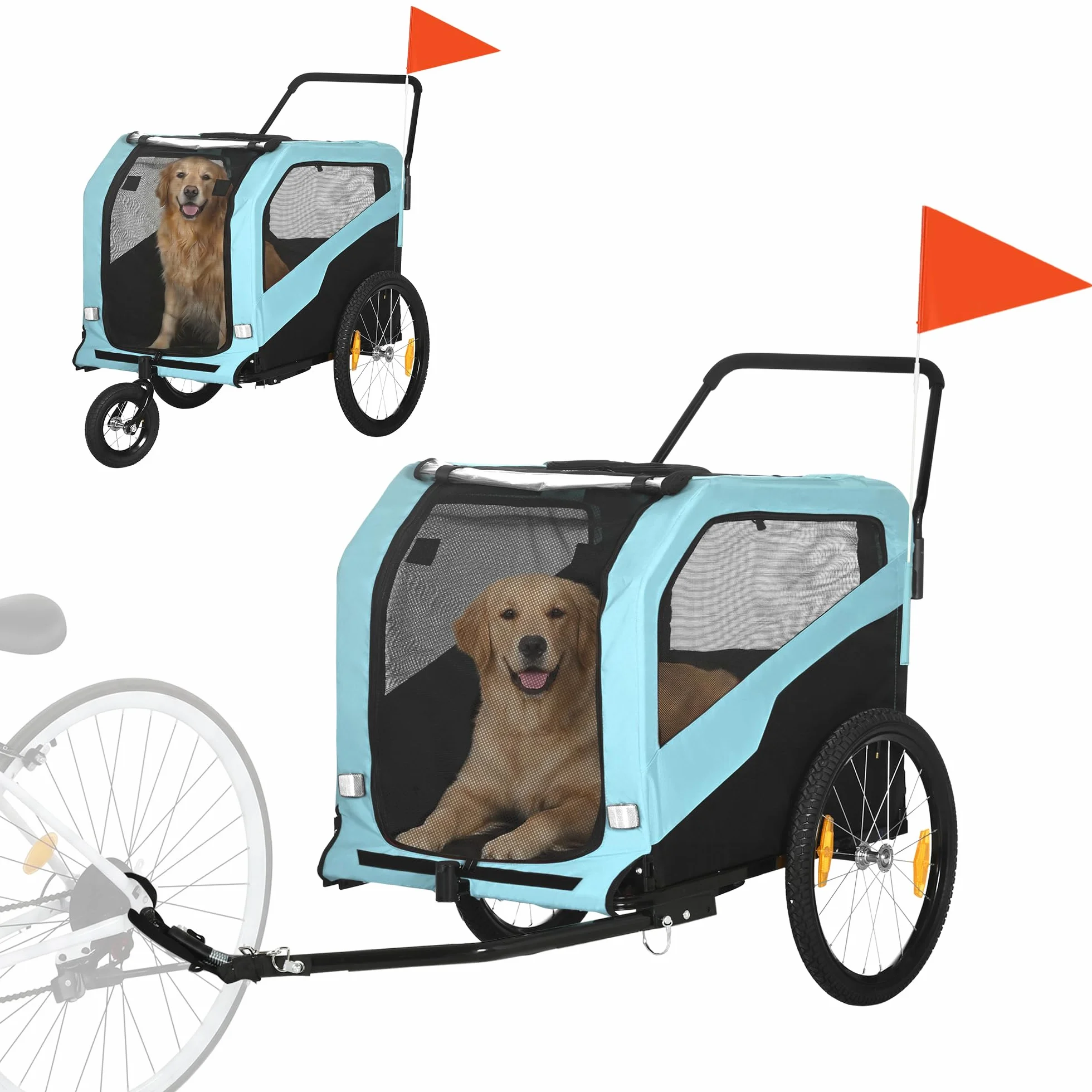 PawHut Rimorchio Bici per Cani 2 in 1 con 2 Ingressi e Tasche Portaoggetti, Passeggino per Cani 30kg max in Acciaio e Tessuto Oxford, Blu