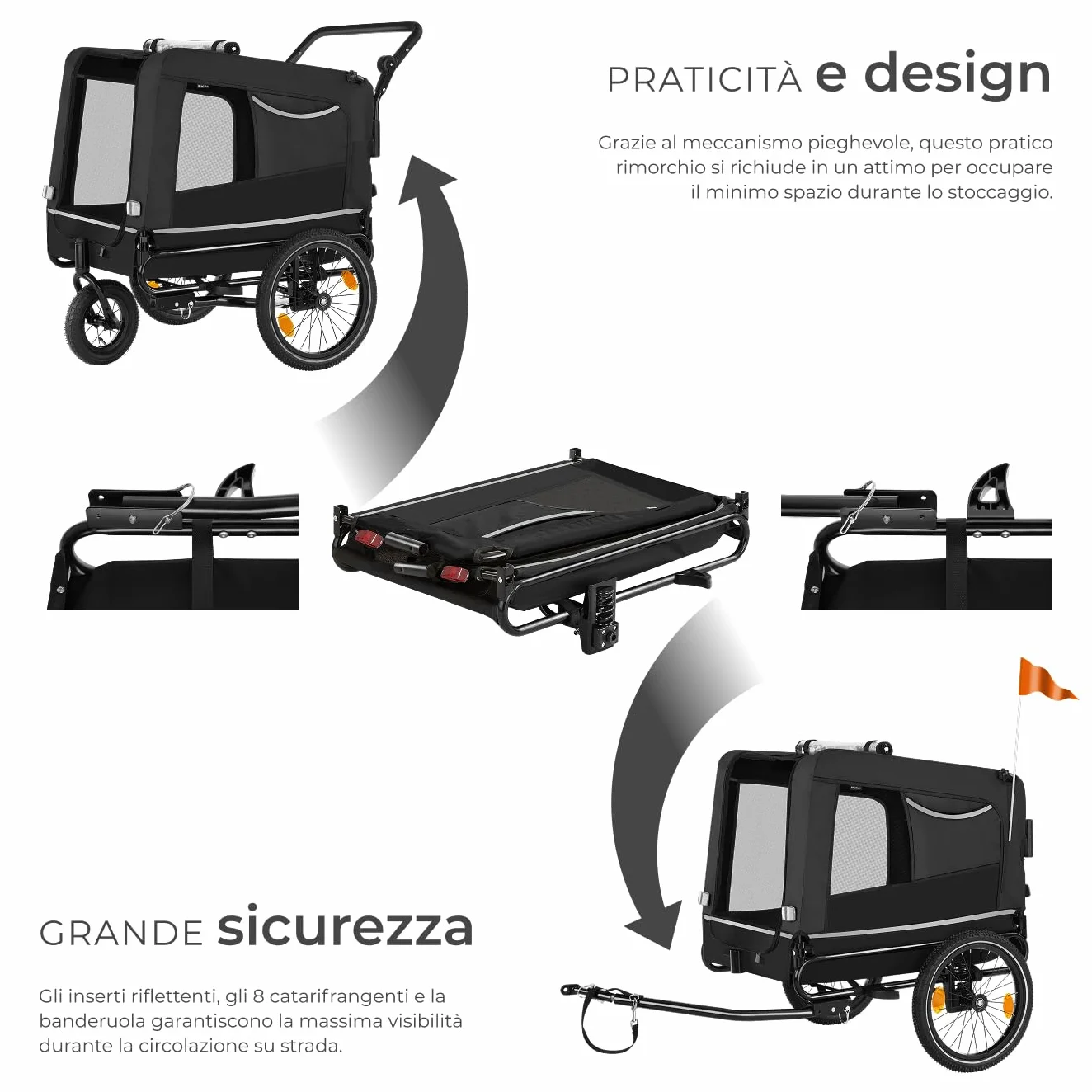 tectake® Carrello per Cani WoofRider, Multifunzionale con Bandierina di Segnalazione, Trasportino da Bicicletta, Jogger per Cani con Struttura Richiudibile, Inserti Mesh Traspiranti - Nero