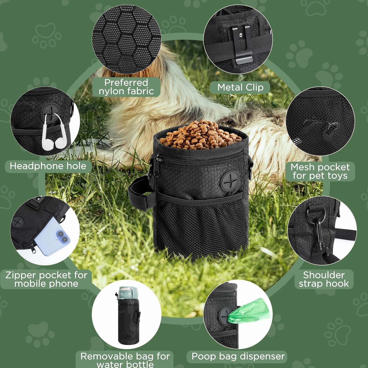 AiQInu Porta Premietti per Cani, Sacchetto per Cani con Sacchetto per Bottiglia d'Acqua Staccabile, Borsa Addestramento con Dispenser per Sacchetti per Cacca