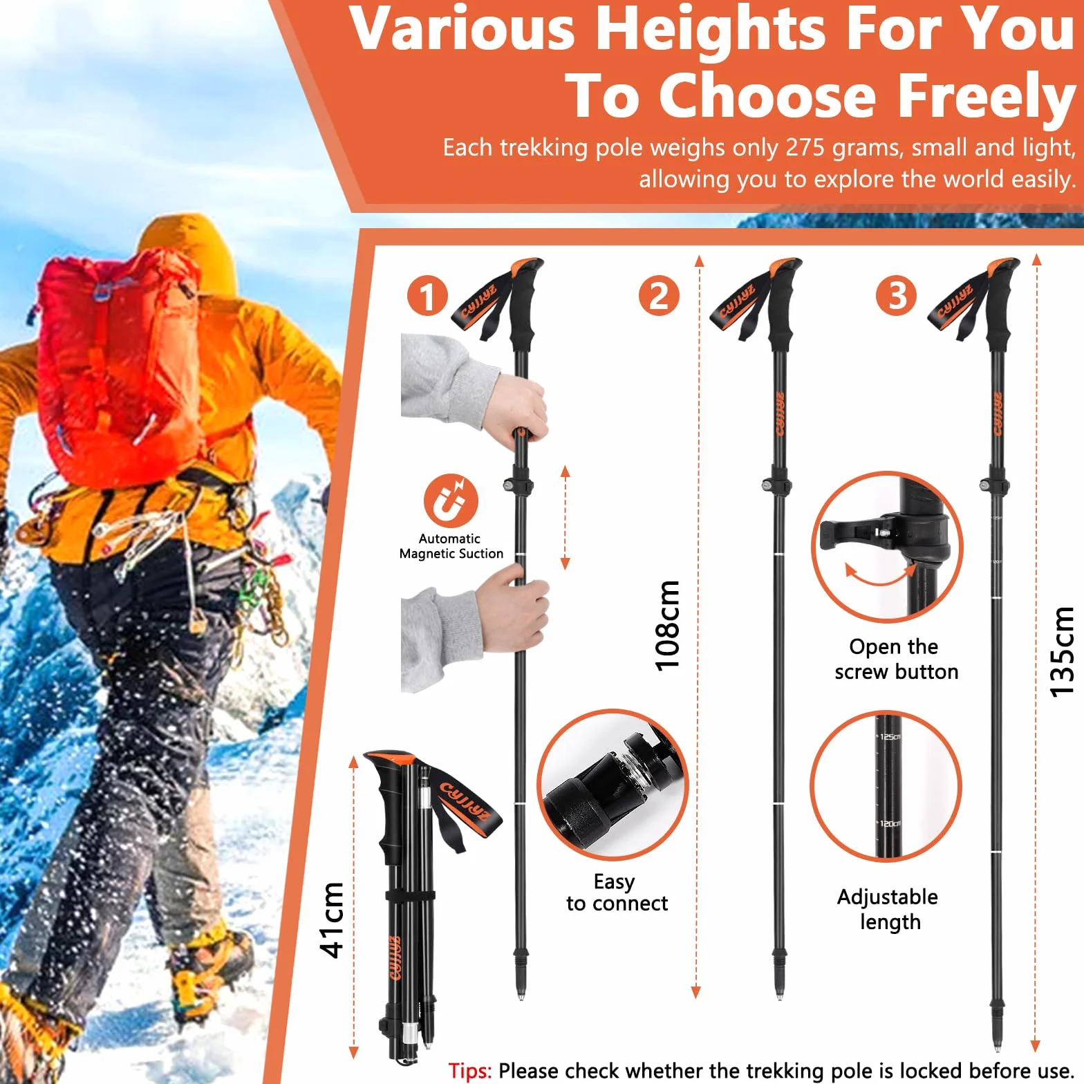 Bastoni Trekking Pieghevoli 2Pcs 7075 Alluminio 108-135 cm Regolabile per Escursionismo