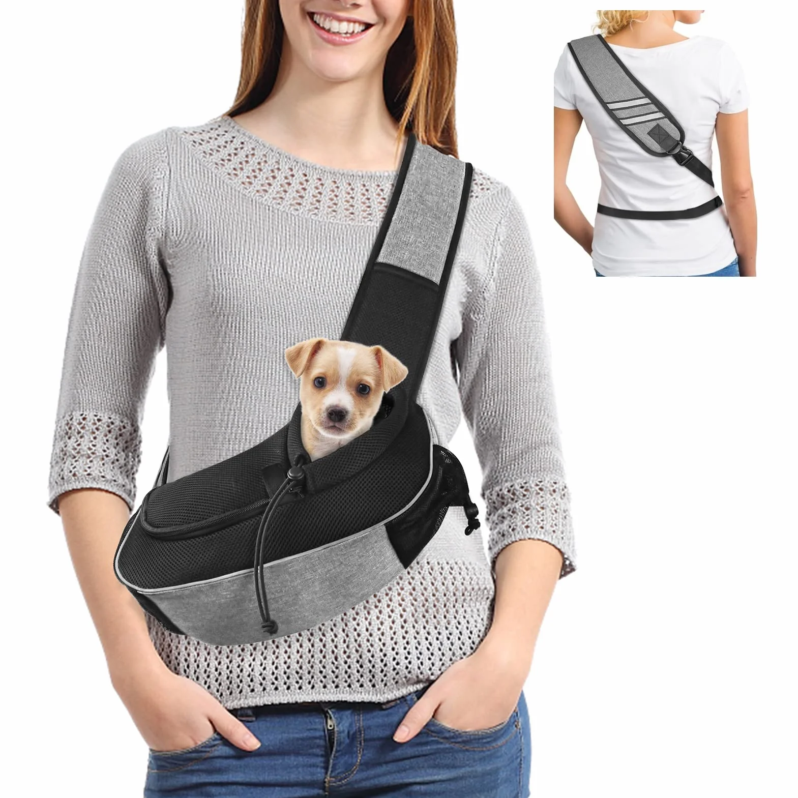 Gloppie Borsa a Tracolla da Viaggio per Cani e Gatti, Trasportino per Animali Traspirante per Esterno Regolabile, Borsa da Trasporto per Animali Domestici per Passeggio/Escursioni/Campeggio，Grigio