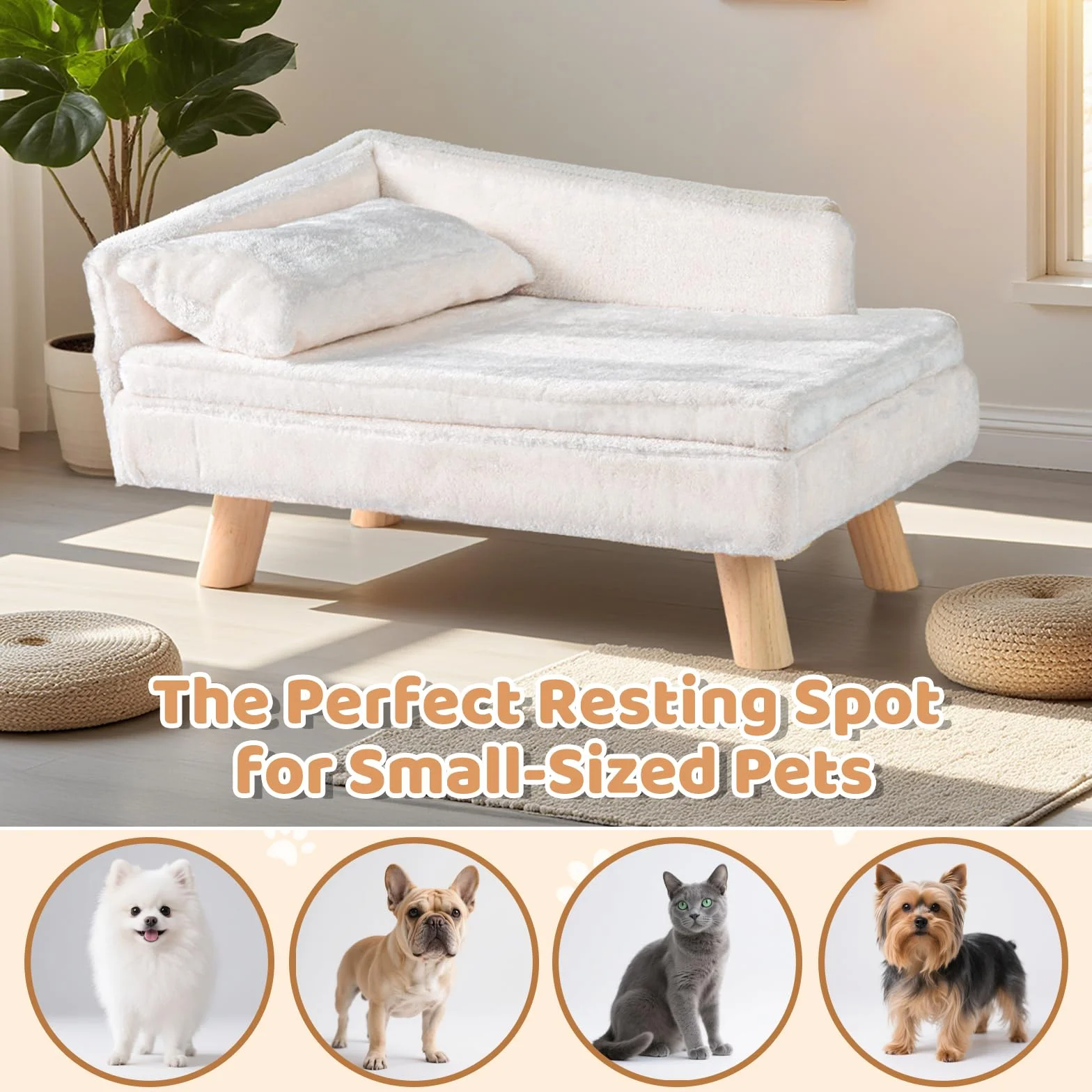 SOARS Divano per Cani con Schienale, Cuscino e Gambe in Legno, Letto per Cani di Media Taglia, Cuccia Rialzata, Divanetto per Animali Domestici, 71 x 43 x 40 cm, Beige