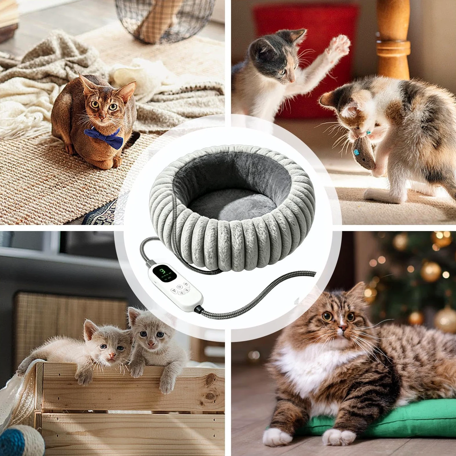 Tappetino Riscaldante Per Gatti Divanetto Rotondo in Peluche con 9 Livelli | Tappetino Riscaldante per Gatti Casa Interno Esterno Soggiorno Camera Da Viaggio