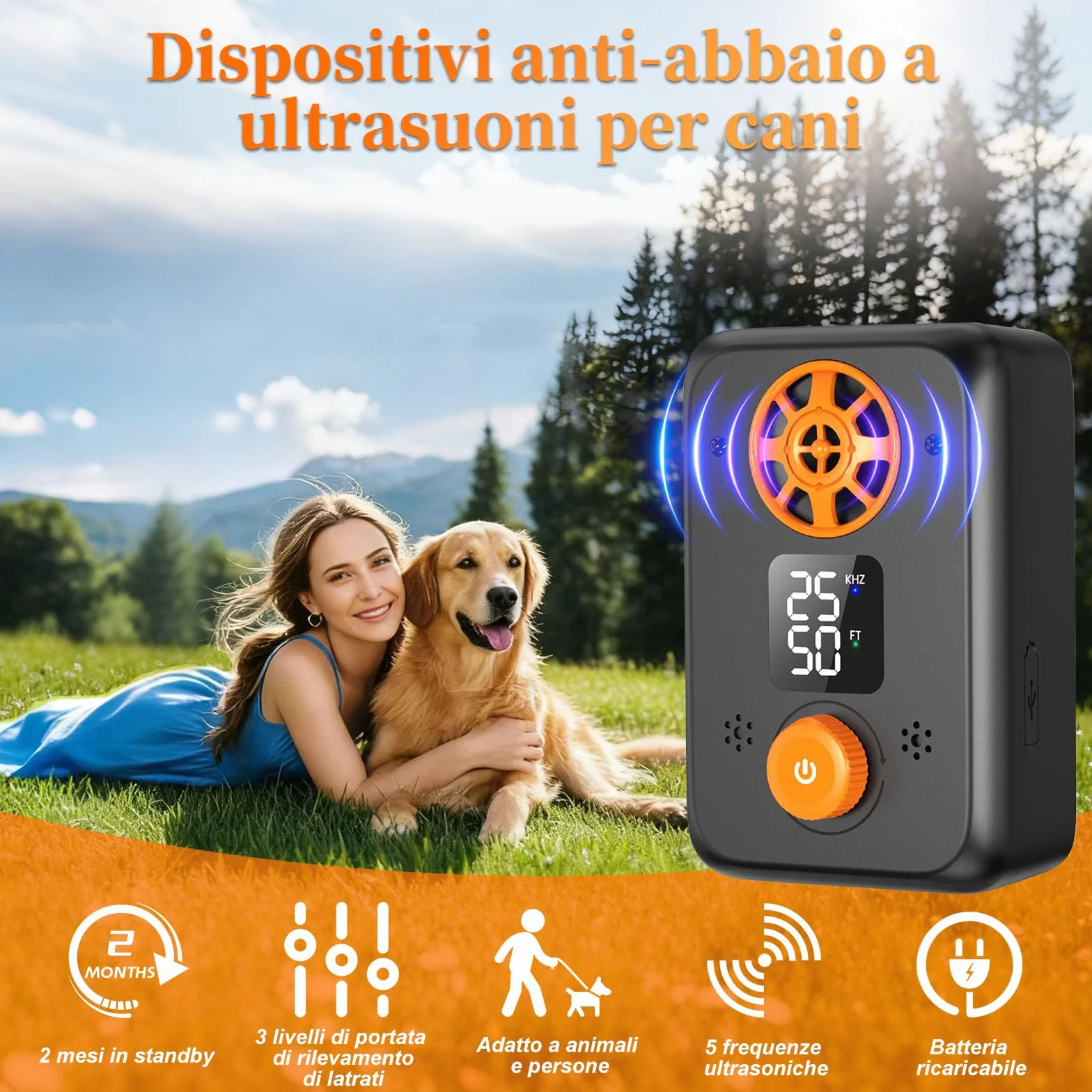 Dispositivo Antiabbaio per Cani Ultrasuoni - Ultrasuoni per Cani Ferma Abbaio Automatico con 5 modalità Frequenza, 3 Portate, Interno/Esterno Efficace