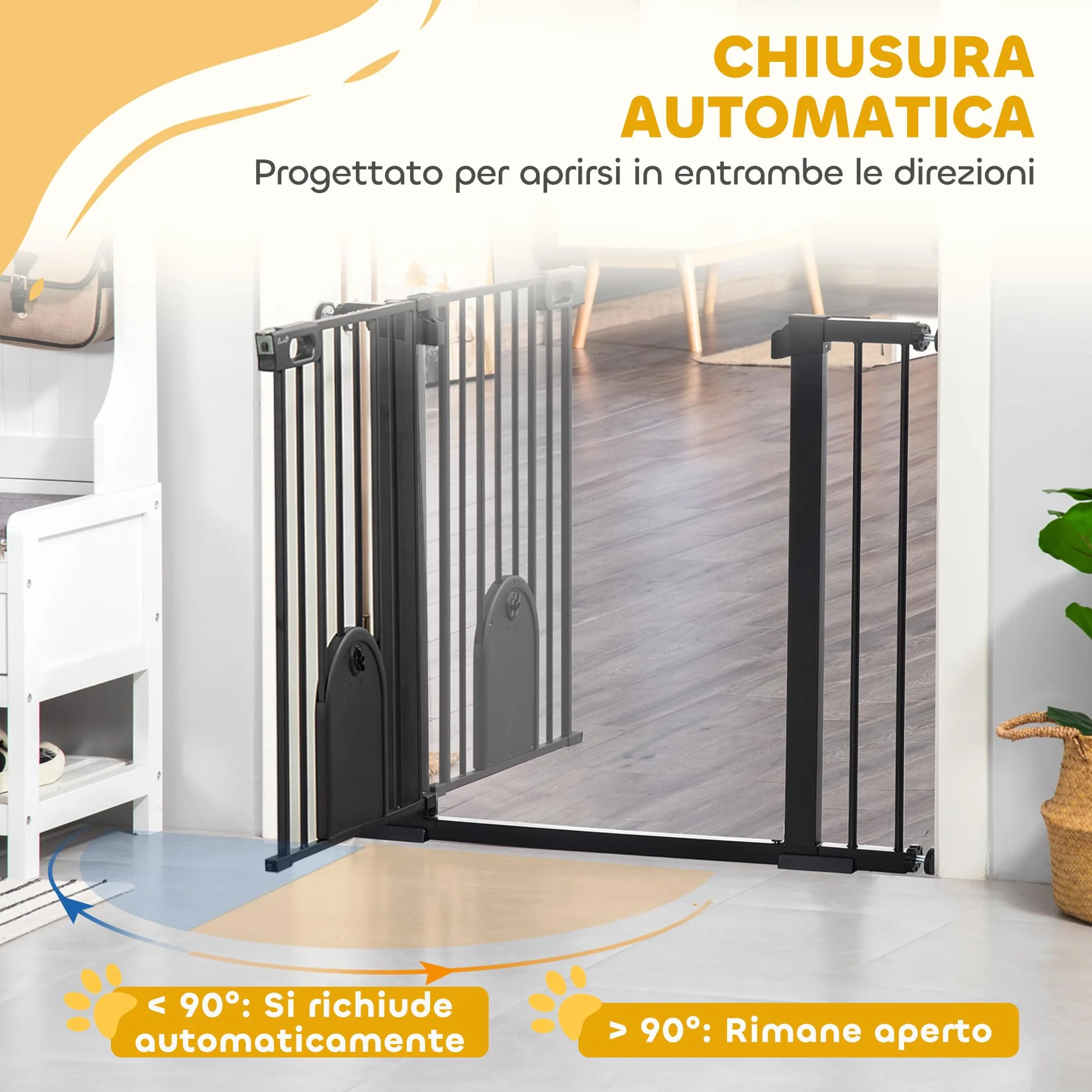 PawHut Cancellino per Cani Regolabile con Porta Piccola, Barriera per Cani con Chiusura Automatica, 75-103x76 cm, Nero
