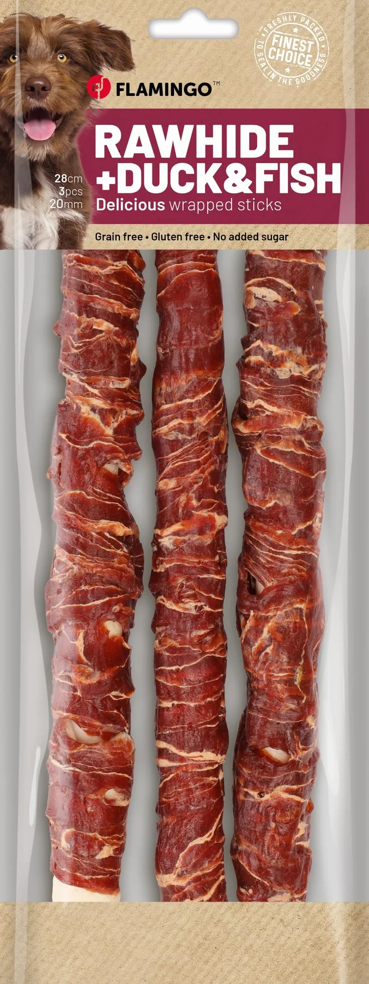 snack per cani - bastoncini per cani - R'Hide con anatra e merluzzo - 28 cm - 3 pezzi - 280 g - senza glutine - senza cereali - senza zuccheri aggiunti